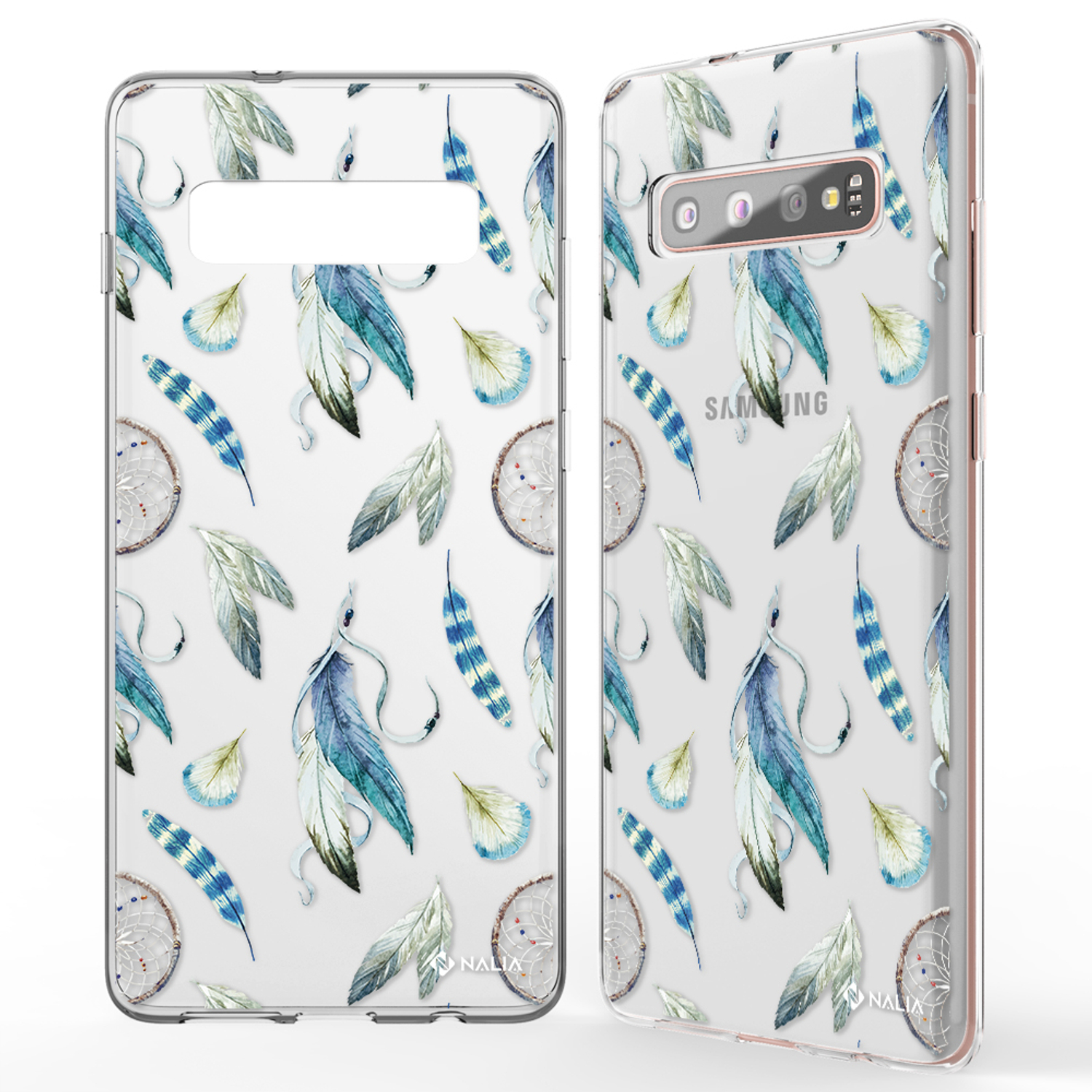Zwei Handyhüllen mit Federn und Traumfängern. Die Hüllen sind transparent mit weißen und blauen Designs.