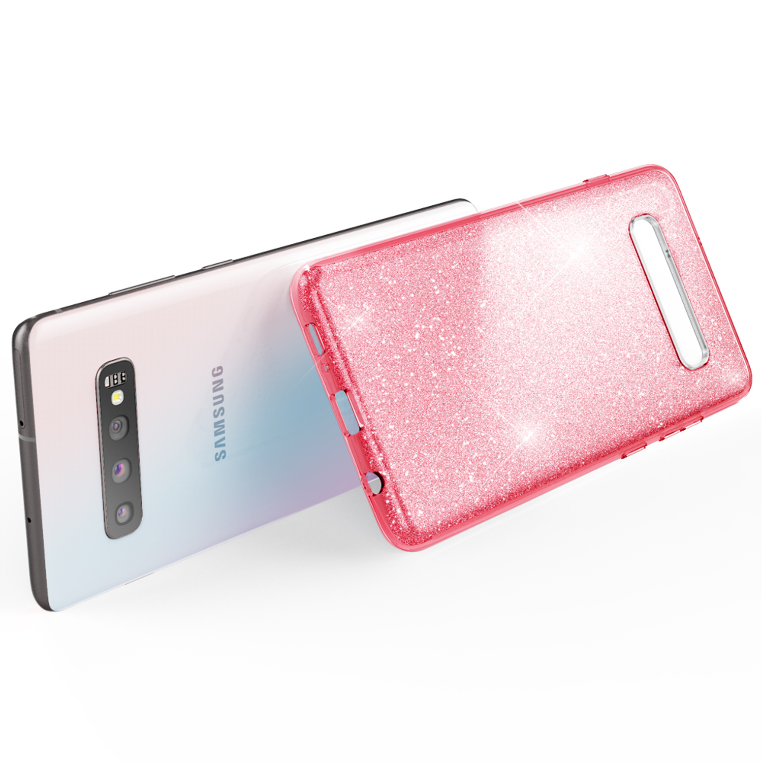 Glitzernde pinke Handyhülle auf einem weißen Telefon, lehnt an einem schwarzen Samsung-Telefon, weißer Hintergrund.