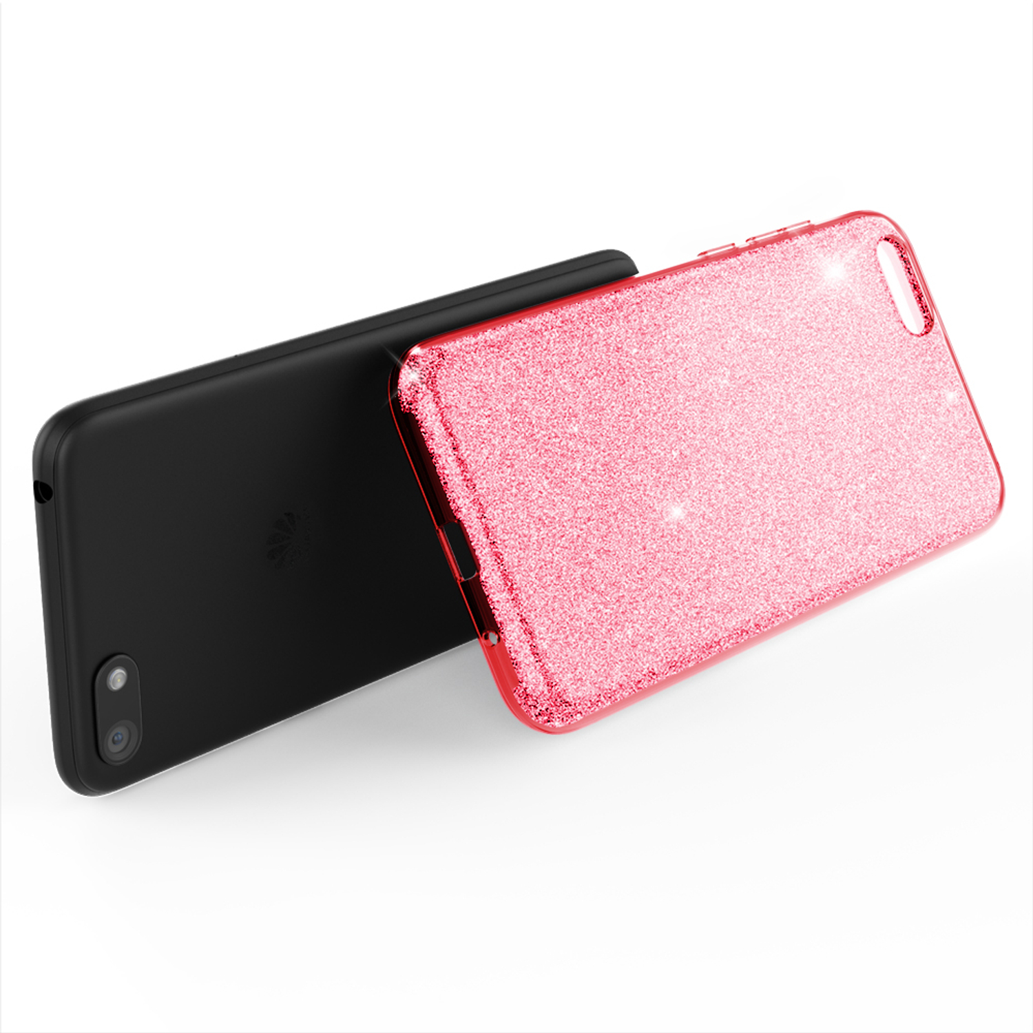 Custodia per telefono glitterata rossa con telefono nero su sfondo bianco.