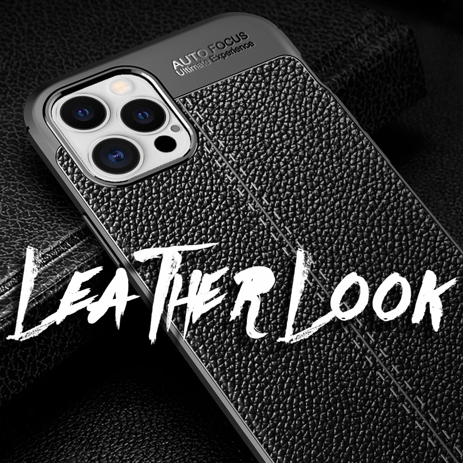 Schwarze Handyhülle mit Lederoptik. Text: Lederoptik. Autofokus und ultimative Erfahrung.