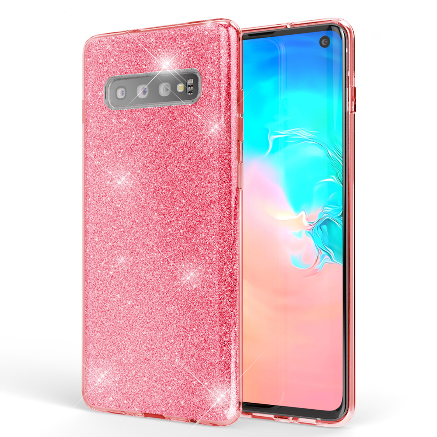 Rosa glitzernde Handyhülle mit Telefon, zeigt rosafarbenen Bildschirm, weißer Hintergrund.