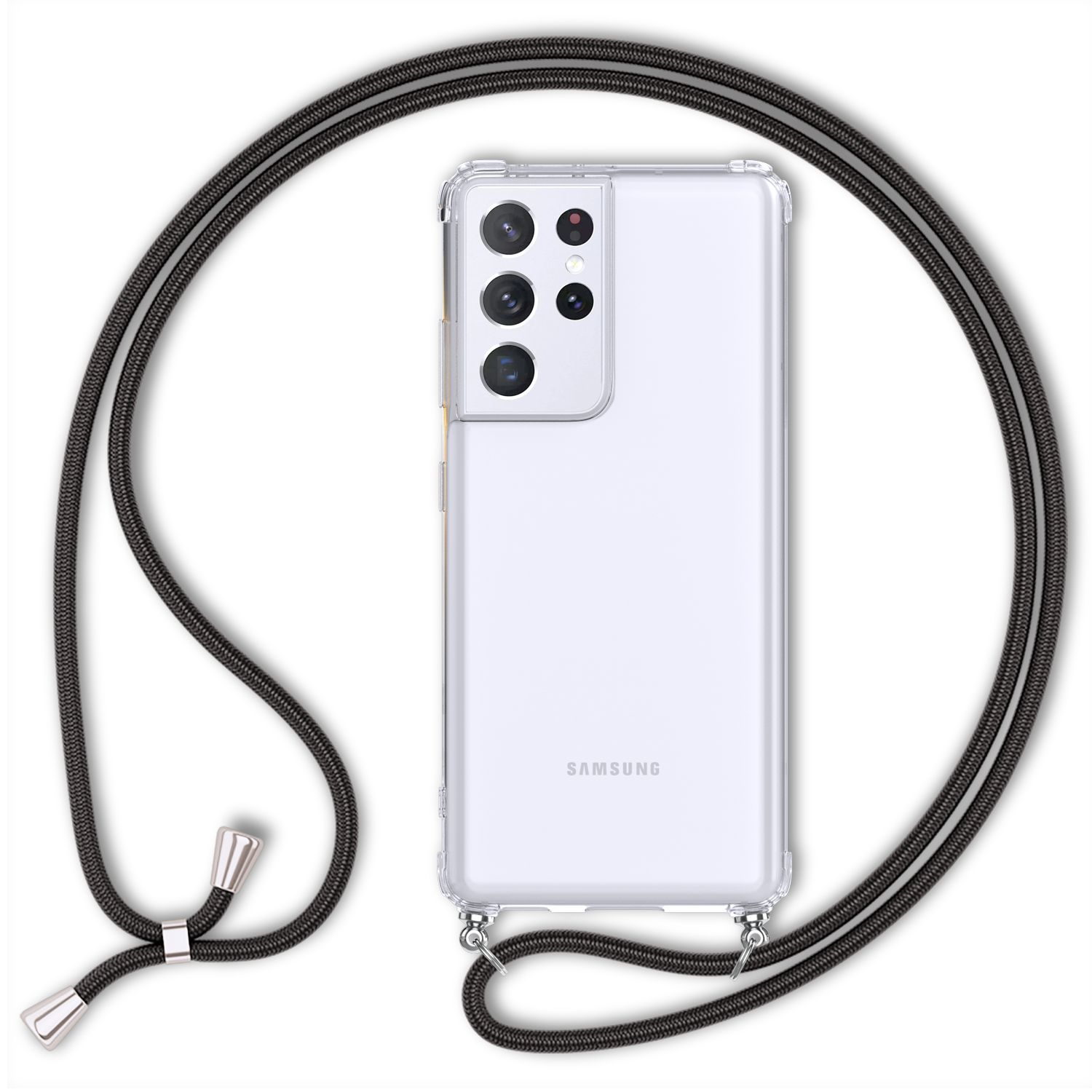 Eine transparente Handyhülle mit einem schwarzen Lanyard. Das Telefon hat mehrere Kameras und das Samsung-Logo.