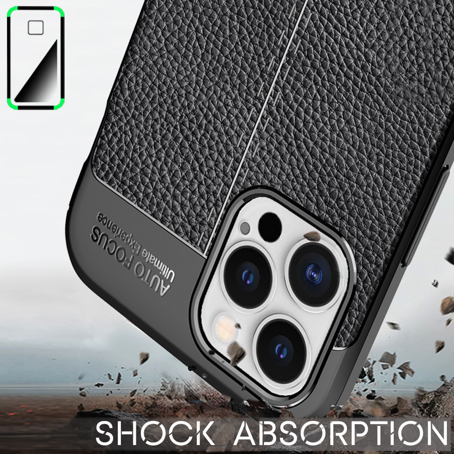 Schwarzes Telefon mit strukturierter Hülle. Bietet Stoßabsorption. Die Hülle hat 'Auto Focus'.