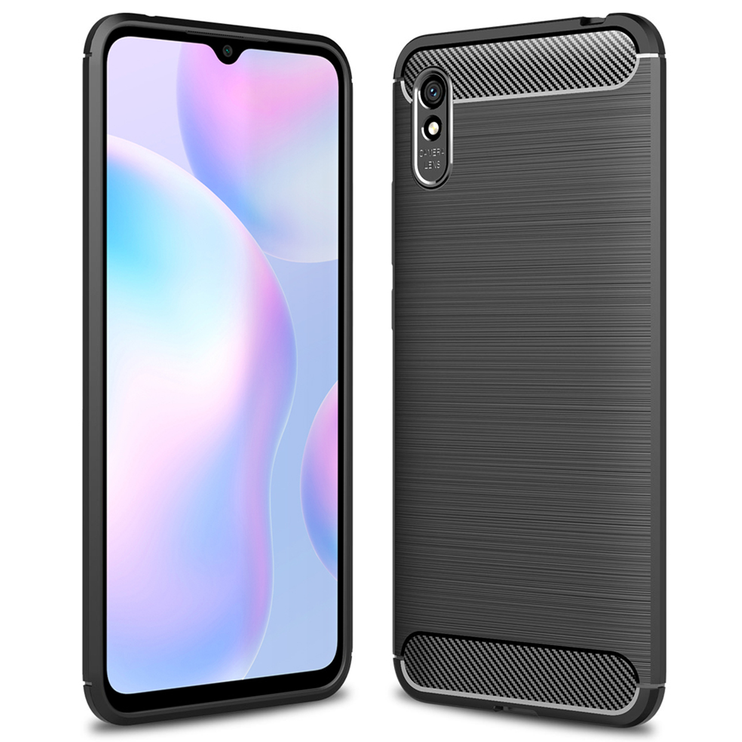 NALIA Carbon-Look Silikon Backcover, Xiaomi, Schwarz Hülle, Redmi 9A