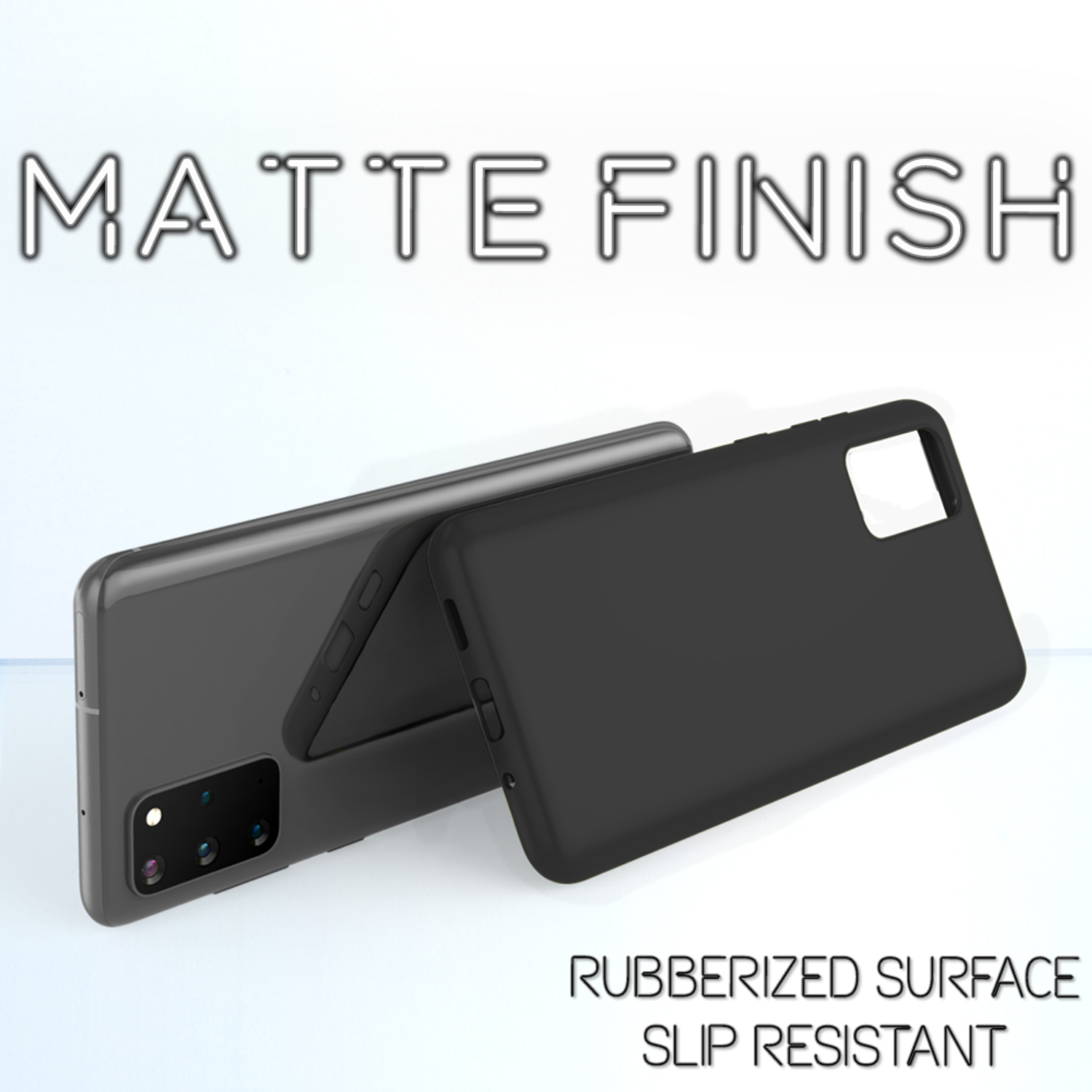 Schwarze Handyhülle neben einem schwarzen Telefon, die eine matte Oberfläche zeigt. Die Oberfläche ist gummiert und rutschfest.