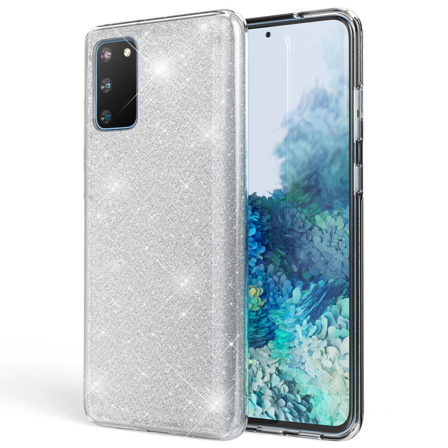 Silberne Glitzer-Handyhülle mit einem Telefon darin. Das Telefon hat eine klare Bildschirmschutzfolie.