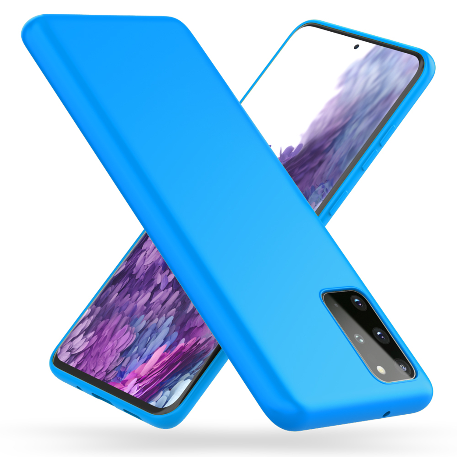 Eine blaue Handyhülle auf einem Telefon. Die Hülle hat eine glatte Oberfläche. Das Telefon ist dahinter sichtbar.