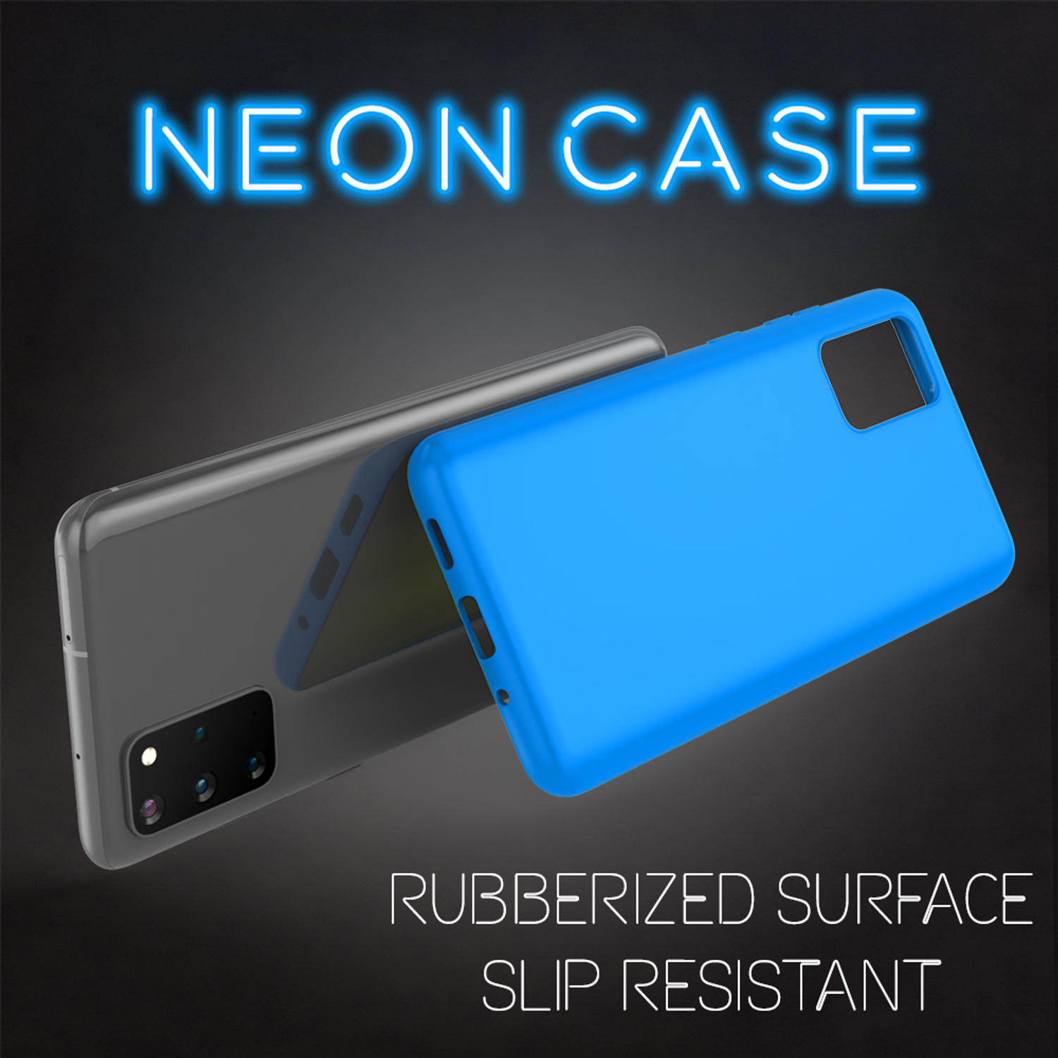 Blaue Handyhülle neben einem Telefon, beides auf dunklem Hintergrund mit Neontext.