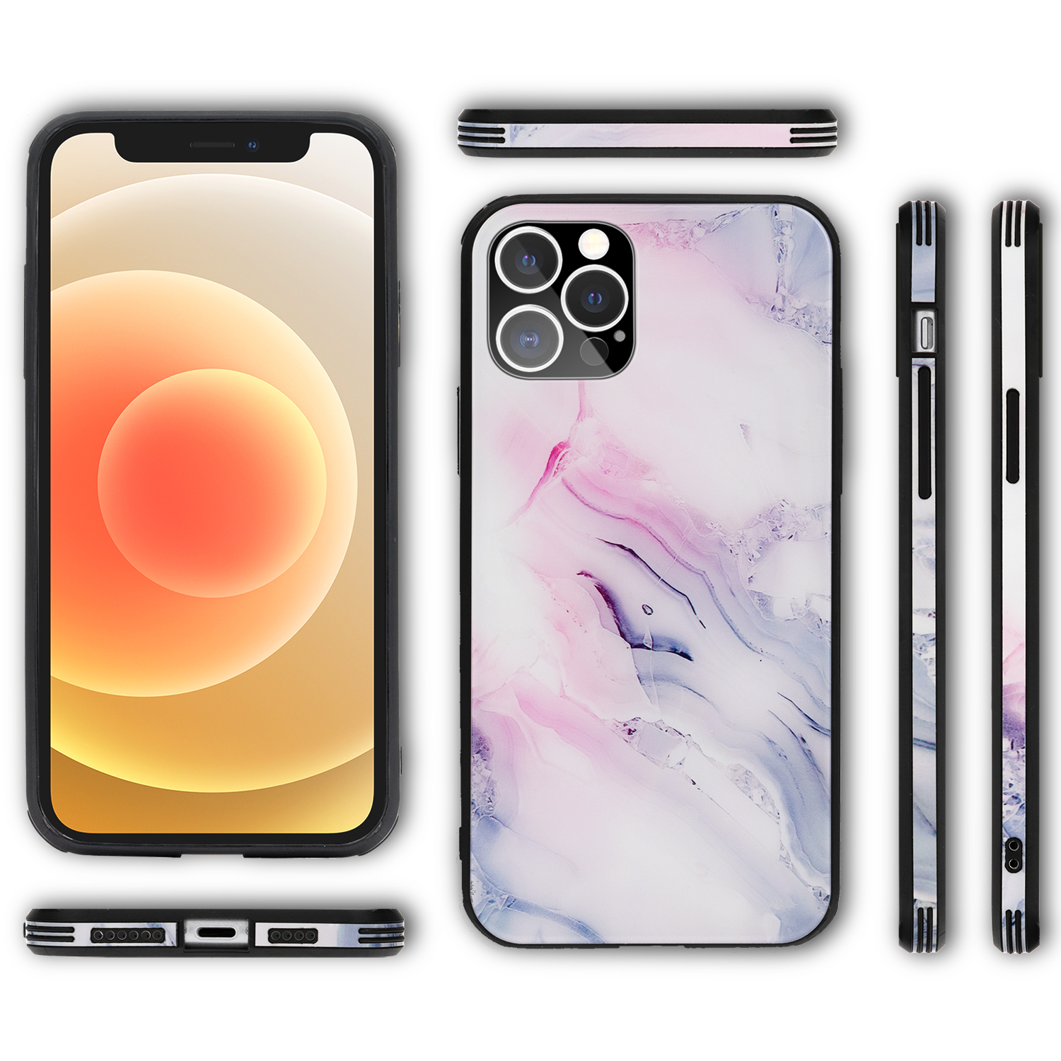 Funda de teléfono con diseño de mármol, mostrando todos los ángulos del teléfono y la funda.