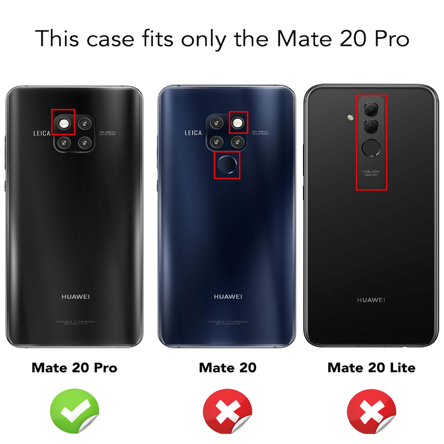 Trois téléphones : Mate 20 Pro (coche), Mate 20 (X), Mate 20 Lite (X), avec indicateurs d'ajustement de l'étui.