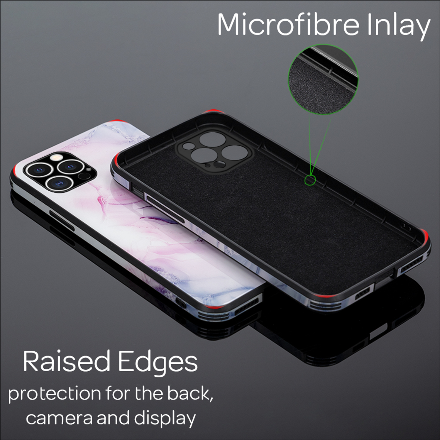 Funda de teléfono con diseño de mármol. Interior negro con bordes elevados. Protege la parte trasera y cámara.