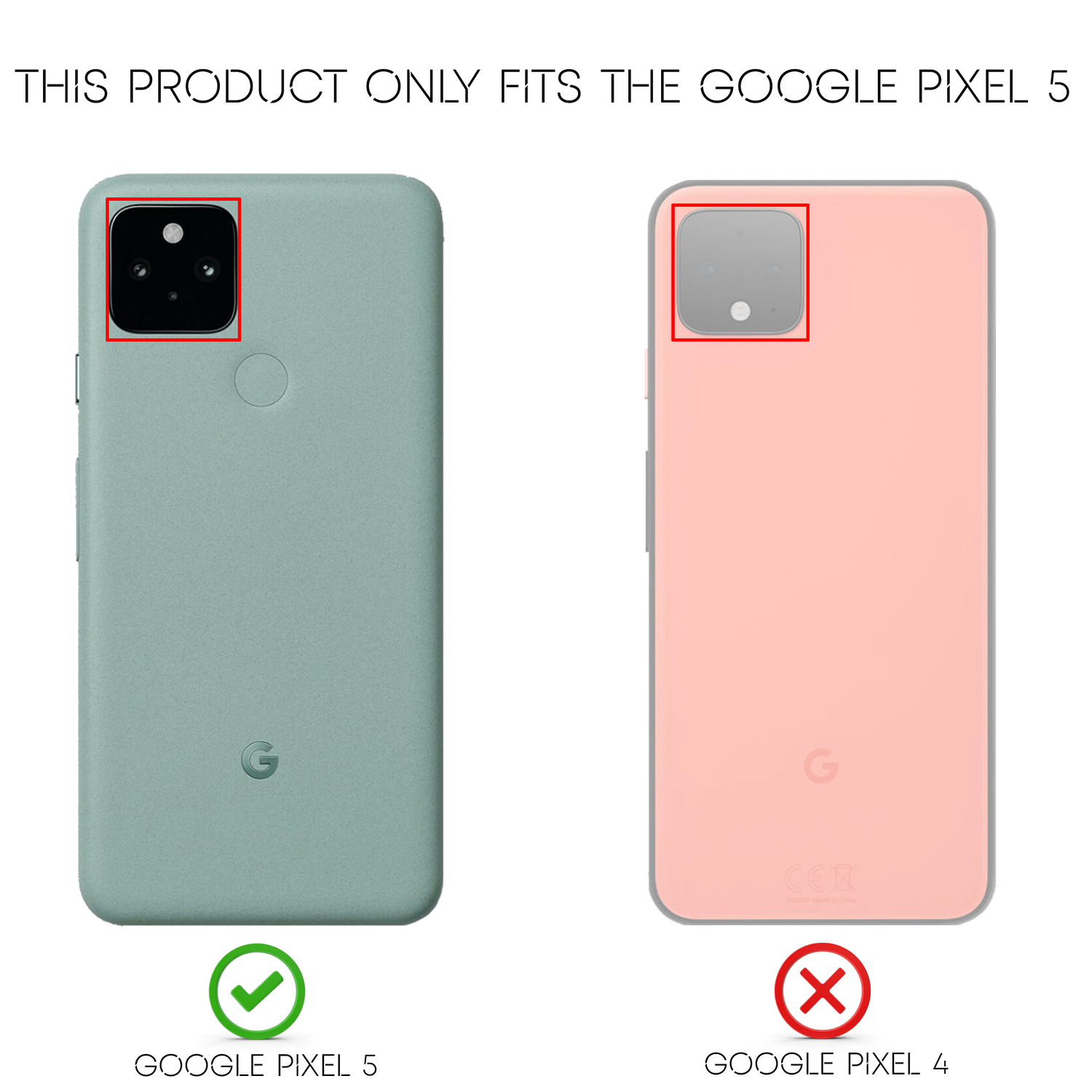 Zwei Handyhüllen, grün und rosa, nebeneinander. Text zeigt, welche Hülle für Google Pixel 5 und Google Pixel 4 passt.