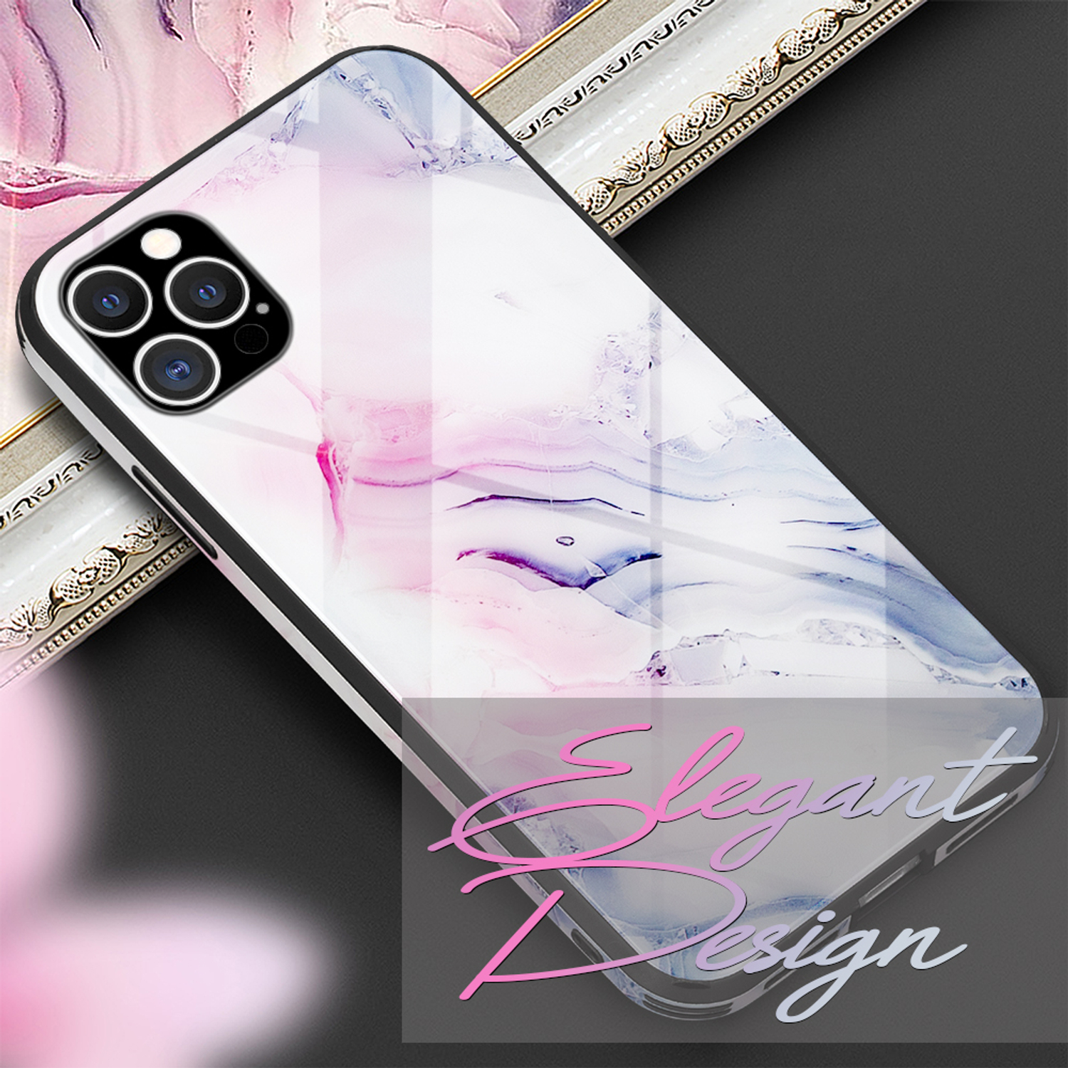 Funda de teléfono con diseño de mármol. Colores blanco, rosa y azul. Texto de diseño elegante. Fondo negro.