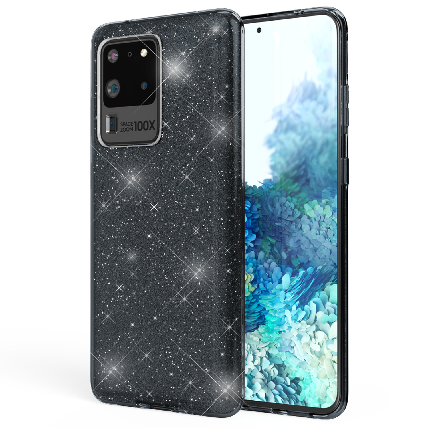 Schwarze glitzernde Handyhülle mit Telefon, mit schwarzem Bildschirm, vor weißem Hintergrund.