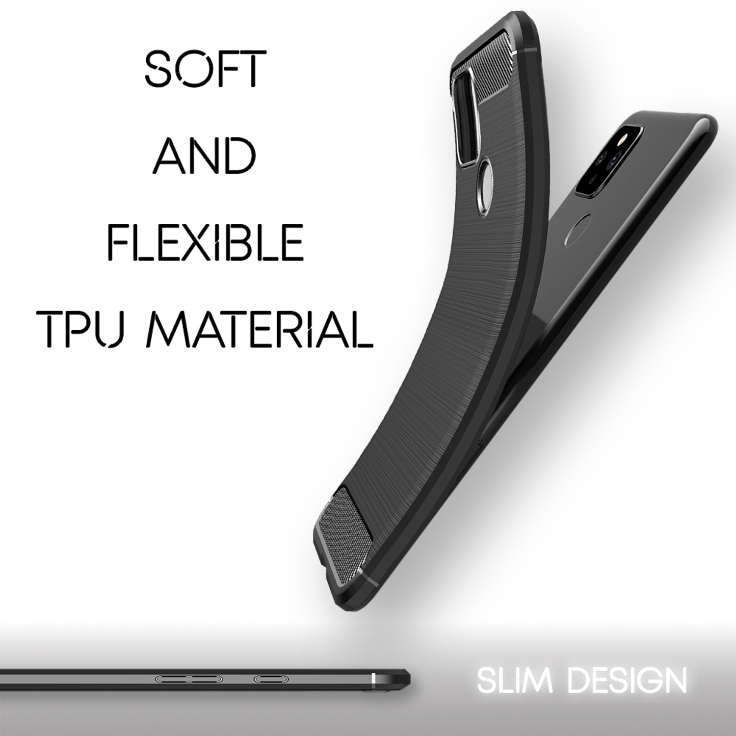 Zwei schwarze Handyhüllen. Der Text auf dem Bild lautet 'SOFT AND FLEXIBLE TPU MATERIAL'.