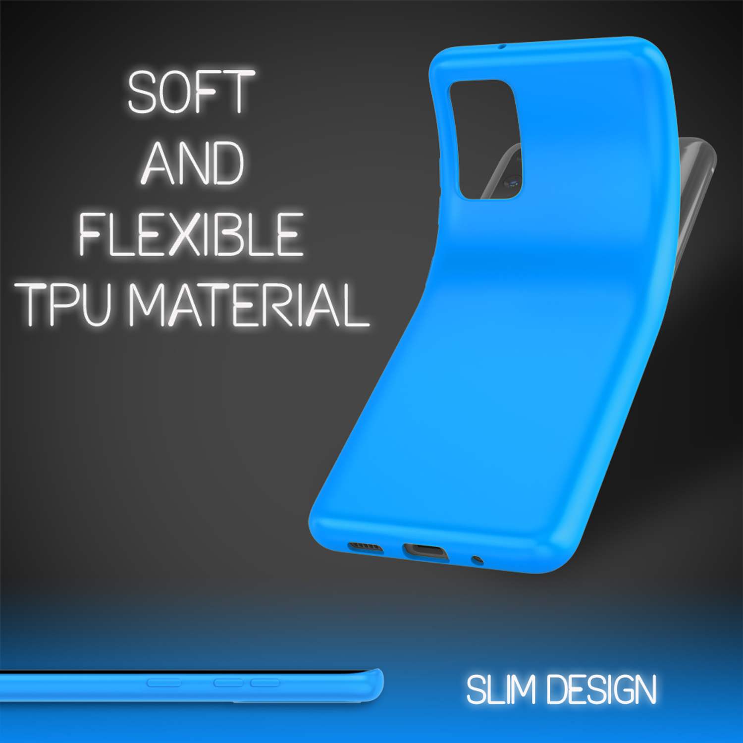 Eine blaue Handyhülle mit dem Text 'Soft and Flexible TPU Material'. Eine Seitenansicht zeigt ein schlankes Design.