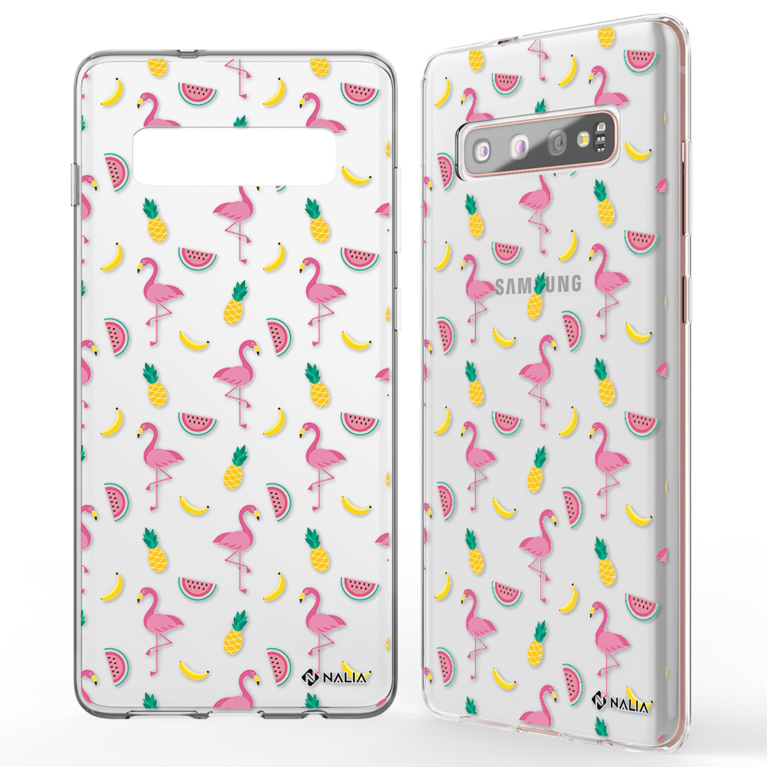 Zwei Handyhüllen mit Flamingo-, Ananas-, Wassermelonen- und Bananenmuster auf weißem Hintergrund.
