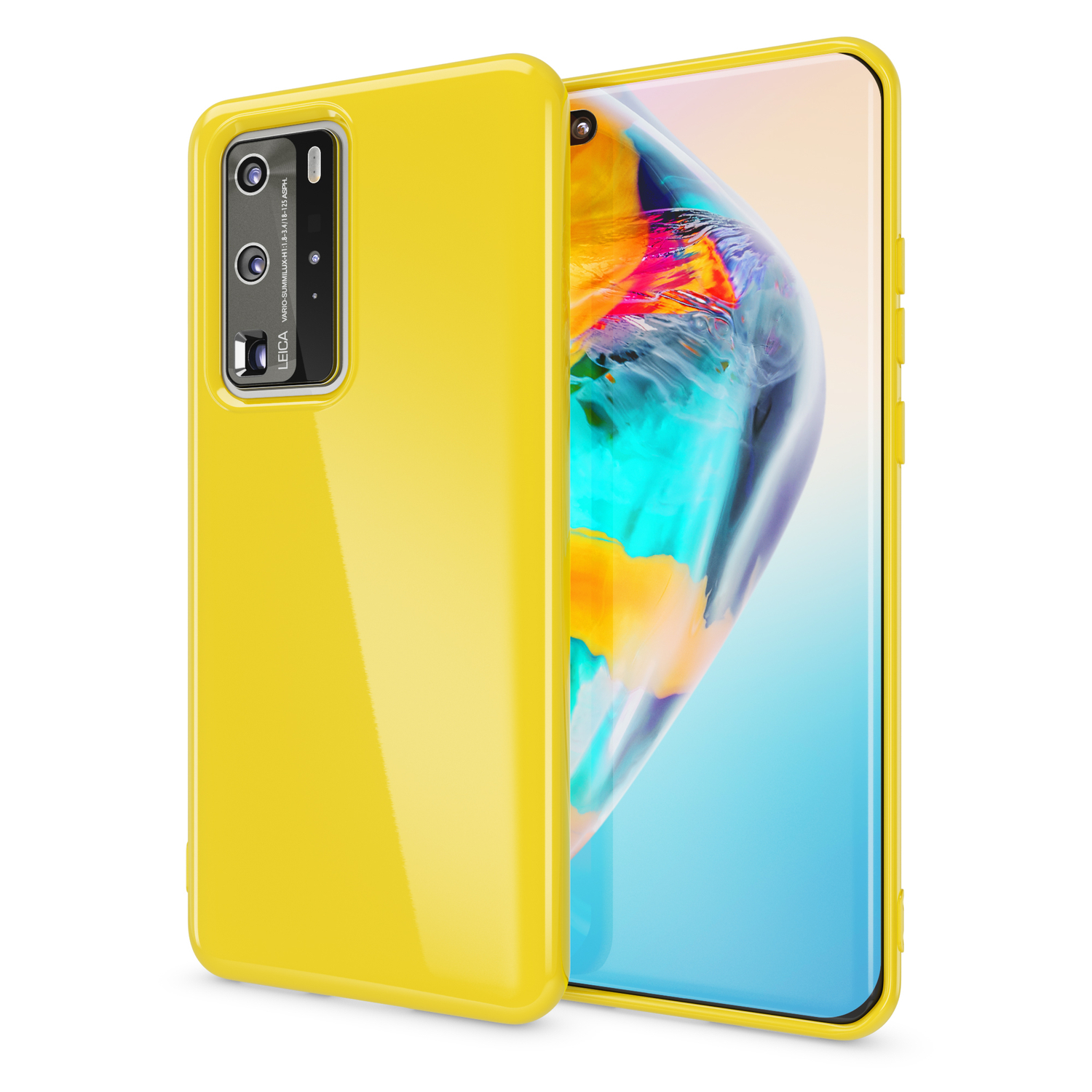 Gelbe Handyhülle bedeckt ein Telefon. Das Telefon ist gelb und hat mehrere Kameras.