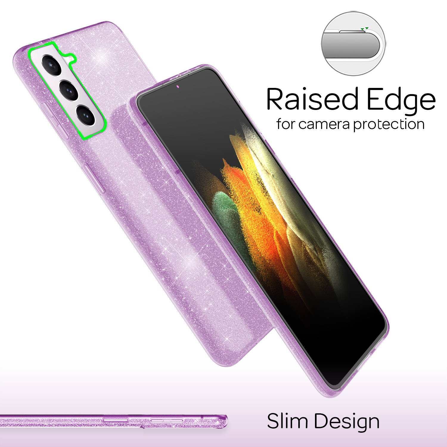 Eine lila Handyhülle mit Glitzer und ein Telefon mit schwarzem Bildschirm. Text lautet 'Schlankes Design' und 'Erhöhter Rand'.