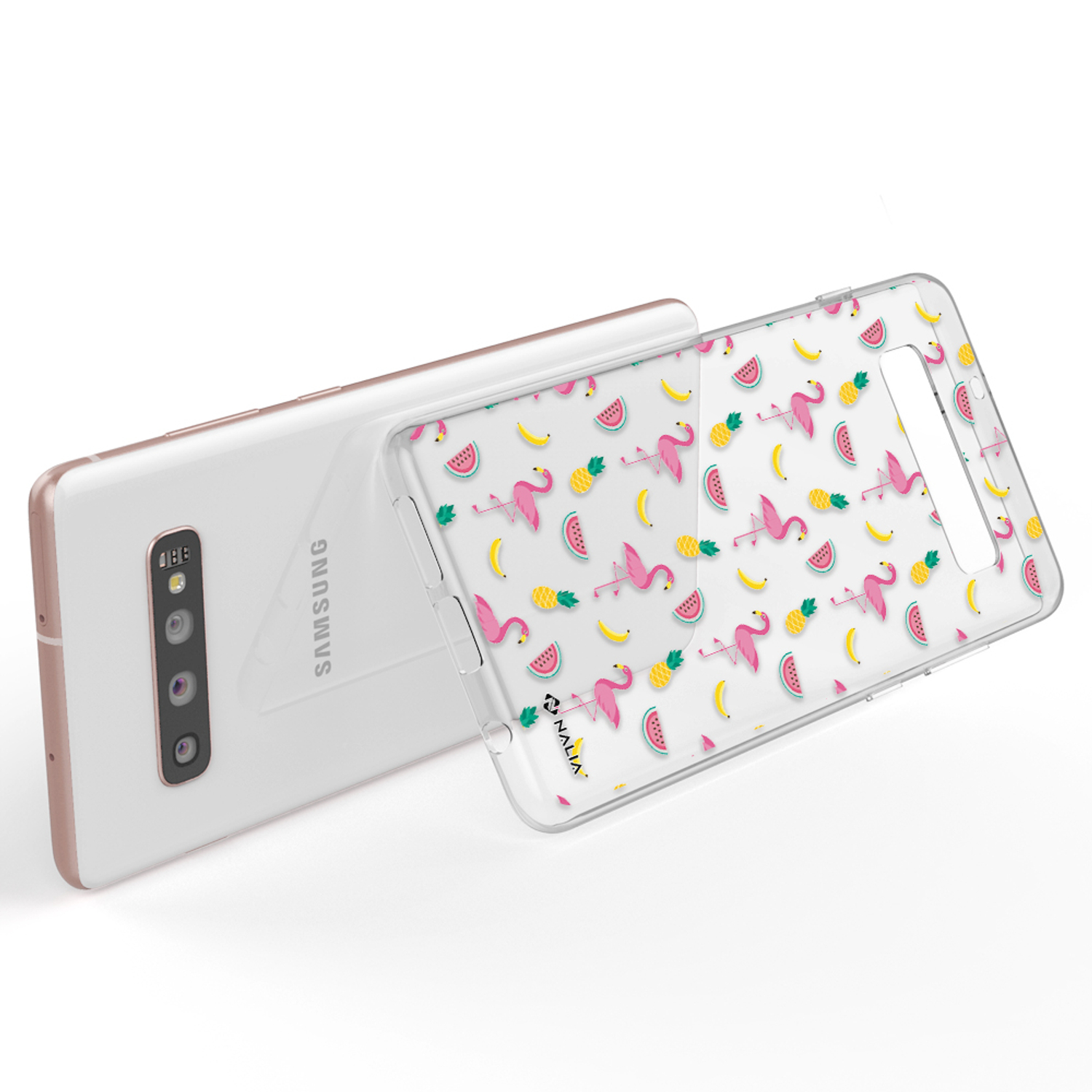 Transparente Handyhülle mit Flamingo- und Fruchtmuster, über einem Telefon. Eine weitere Hülle daneben.