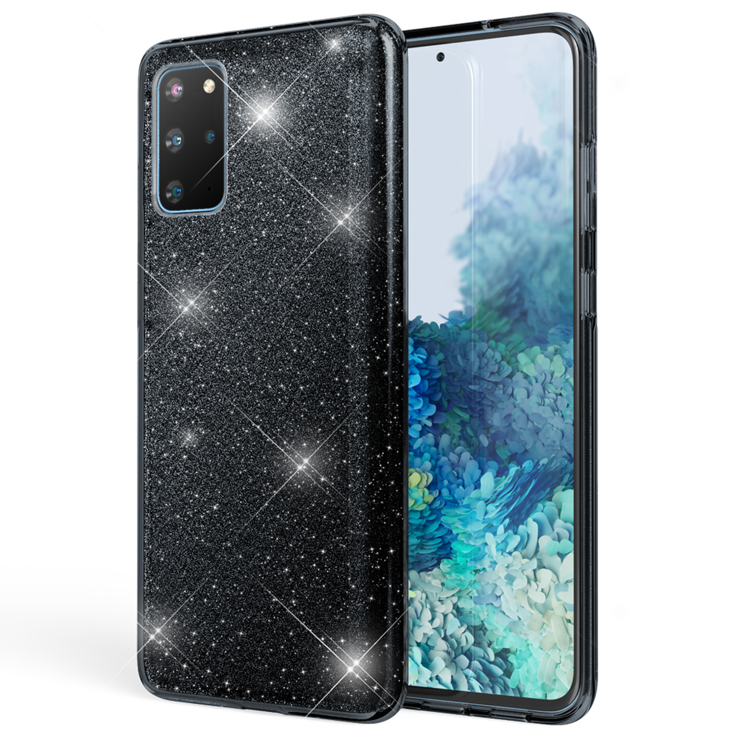 Una custodia per telefono nera scintillante con un telefono che mostra uno sfondo blu.