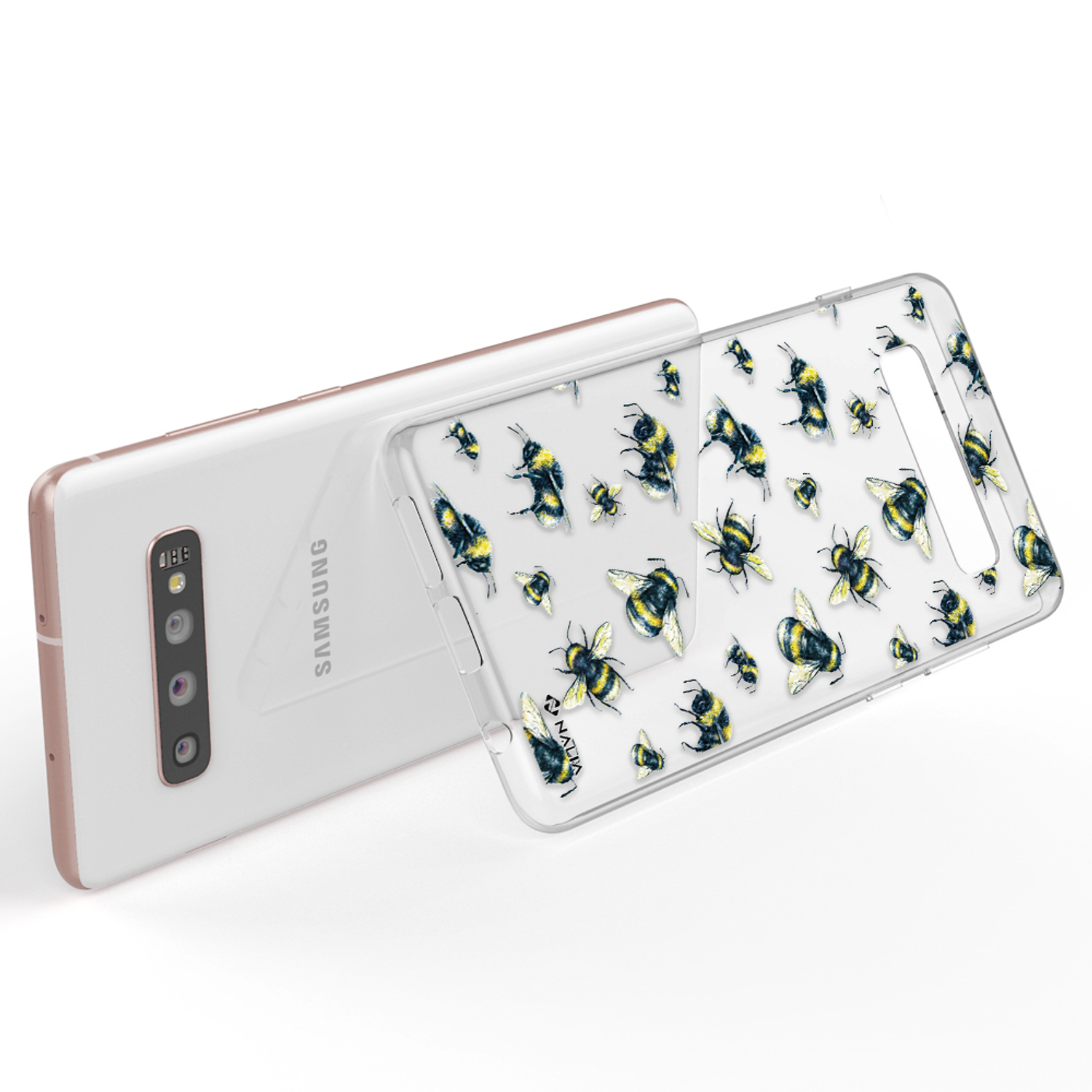 Telefon mit einer durchsichtigen Hülle, die mit Bienen bedeckt ist. Die Bienen sind schwarz und gelb.