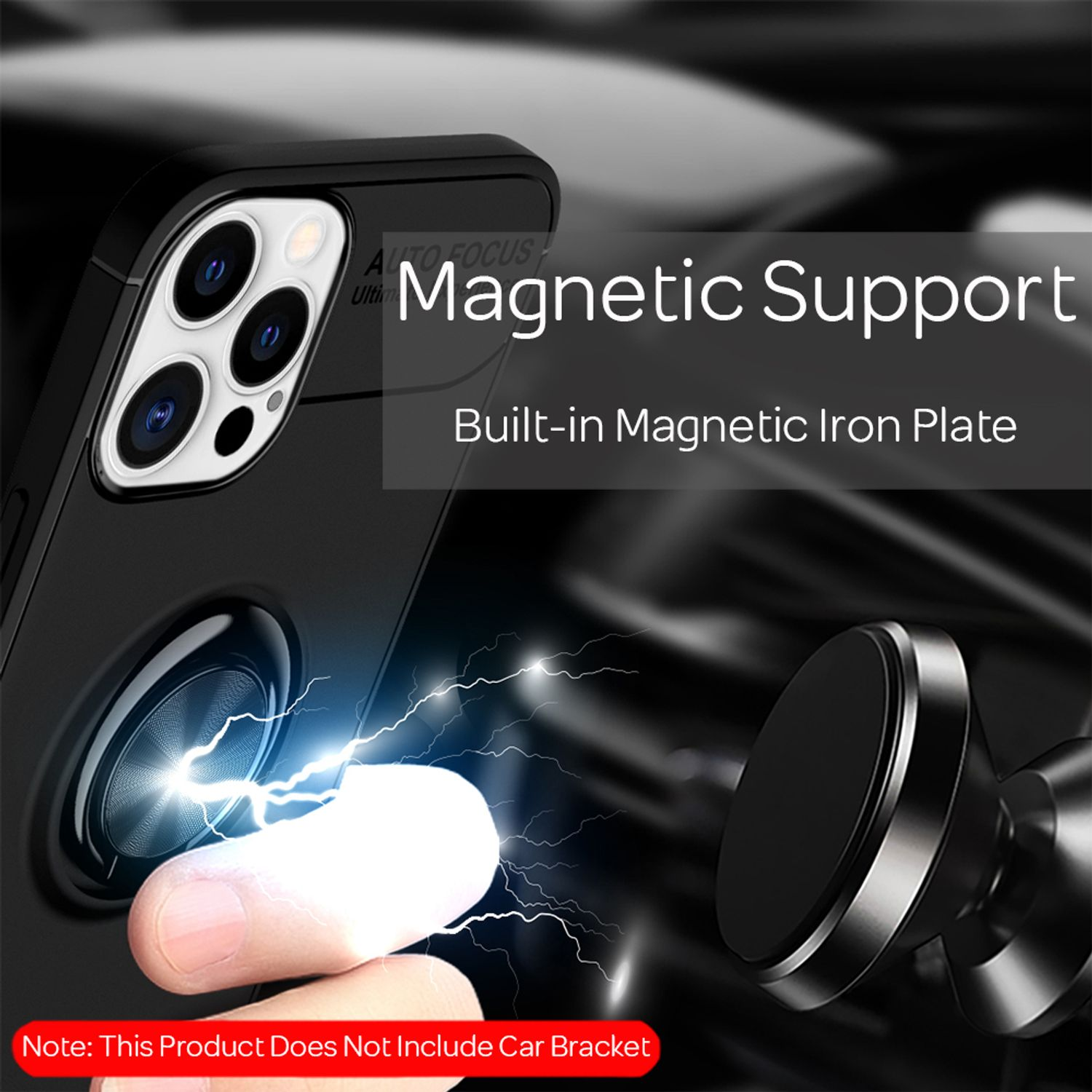 Schwarze Handyhülle mit Ring und magnetischer Halterung. Eine Hand zeigt auf das Telefon. Text: Magnetische Halterung.