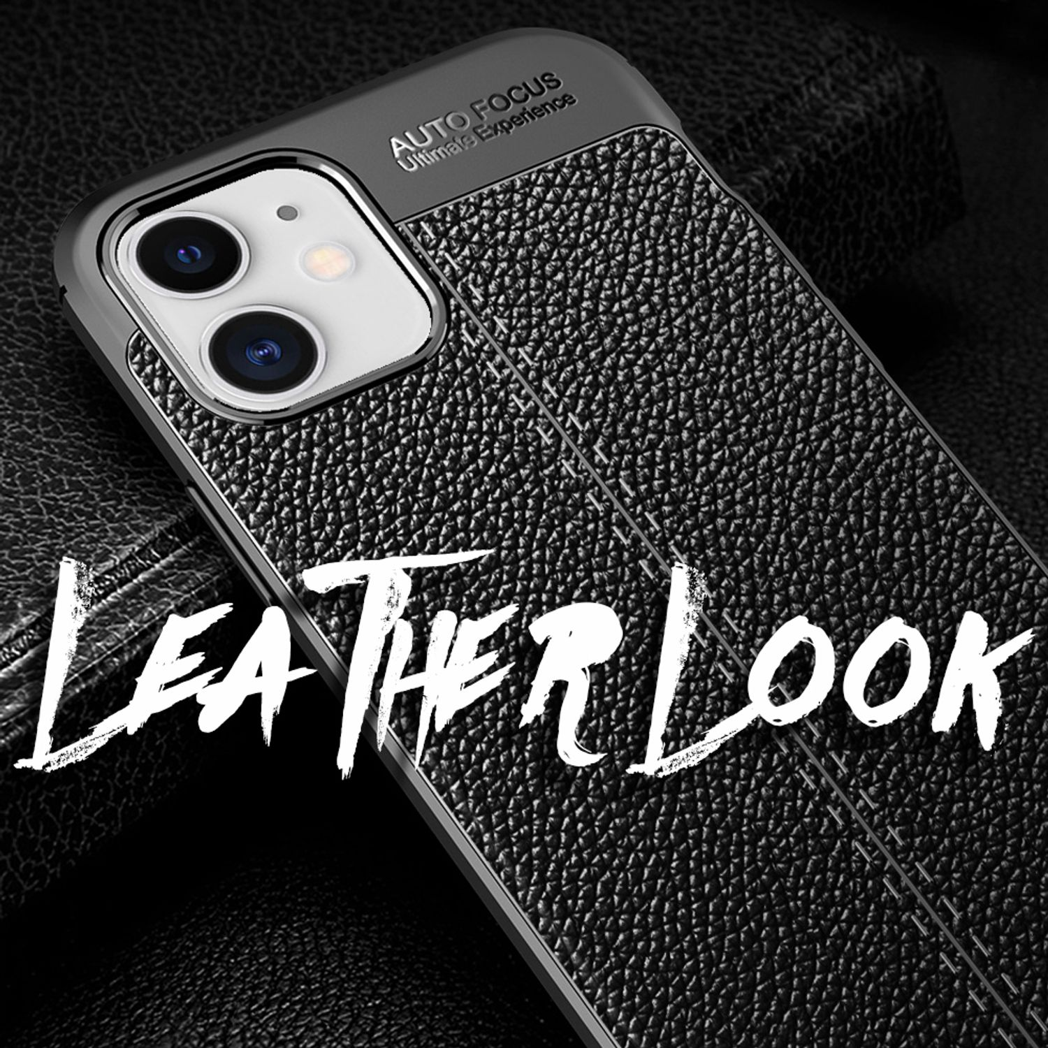 Nahaufnahme einer schwarzen Handyhülle mit Lederoptik auf einem Telefon.
