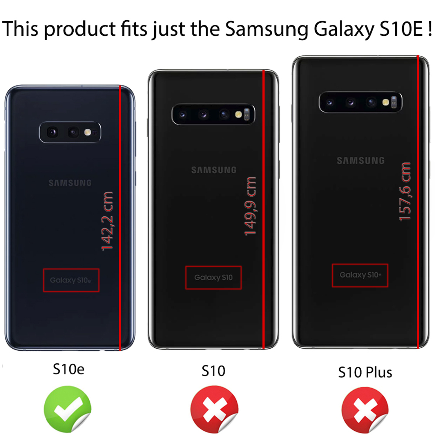 Drei Samsung Galaxy-Telefone mit Abmessungen. S10e ist kompatibel, andere nicht. Grüner Haken neben S10e.