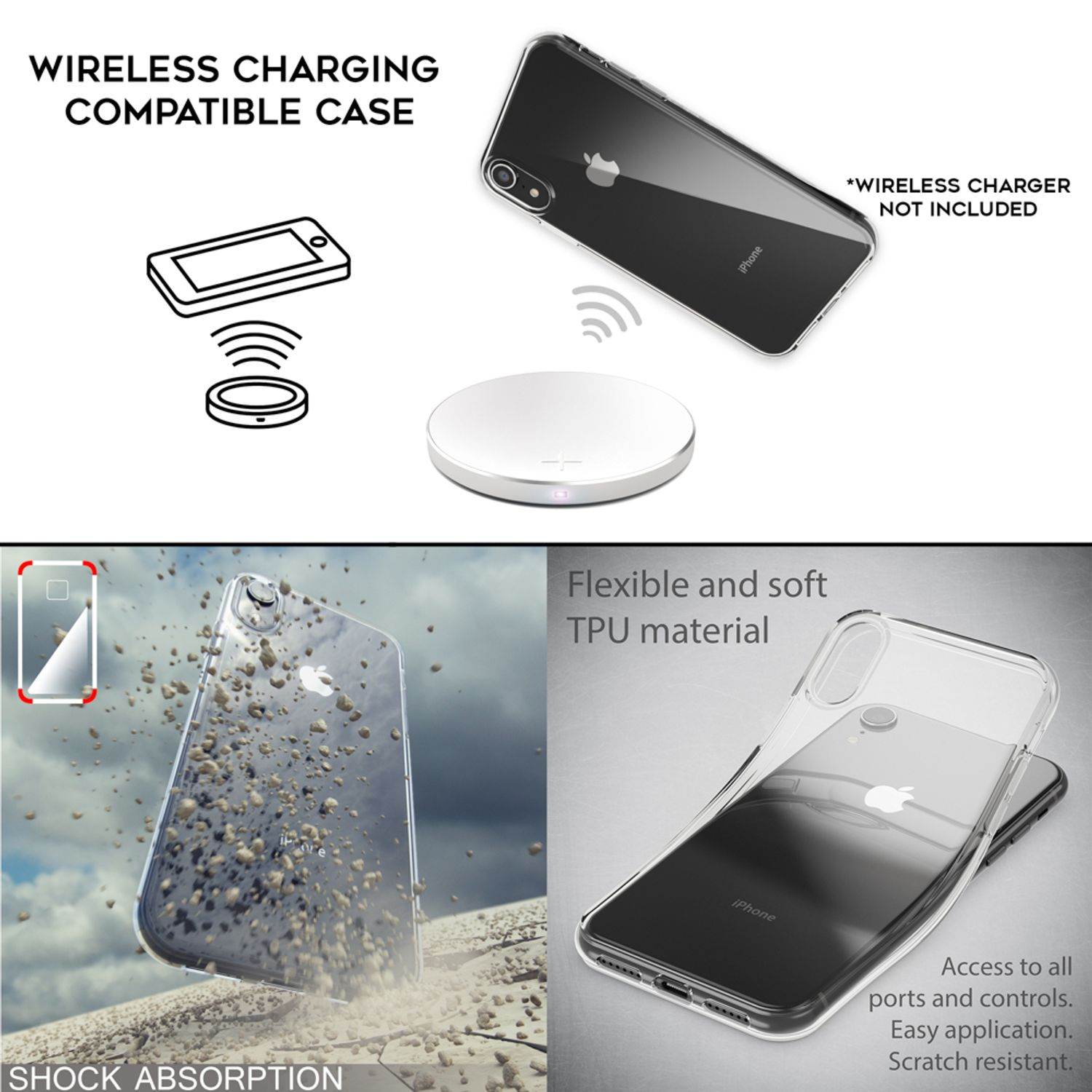 Transparente Handyhülle mit Telefon. Drahtlos aufladbare Hülle. Stoßdämpfung gezeigt.