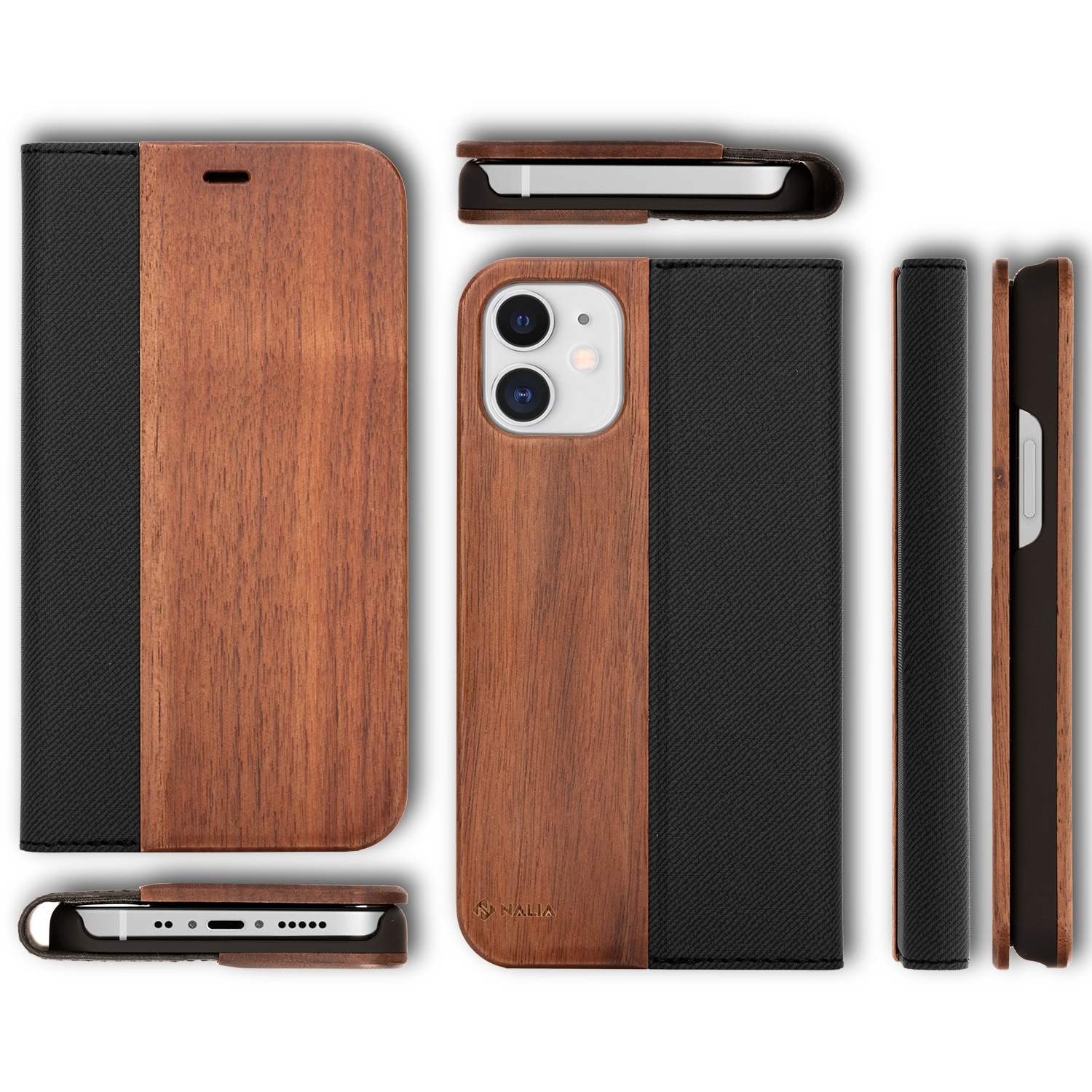 NALIA Echt Holz Cover, Klapphülle Flip Mini, iPhone Flip Magnetverschluss, mit Apple, Braun 12 Case