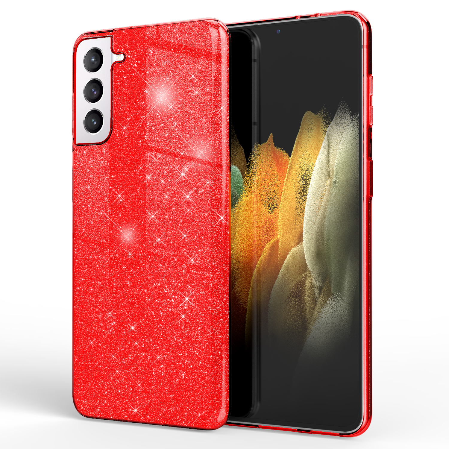 Rote Glitzer-Handyhülle mit Telefon. Das Telefon hat einen schwarzen Bildschirm.