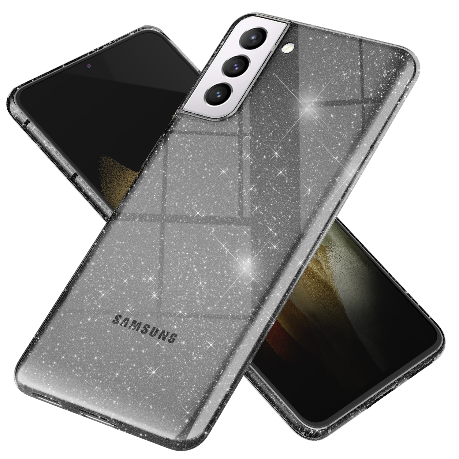 Glitzernde Handyhülle mit Samsung-Logo auf der Rückseite. Zwei Telefone sind im Bild.