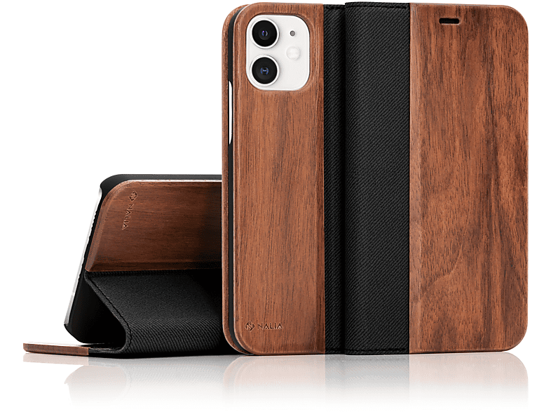 NALIA Echt Holz Flip Case Klapphülle mit Magnetverschluss, Flip Cover, Apple, iPhone 12 Mini, Braun
