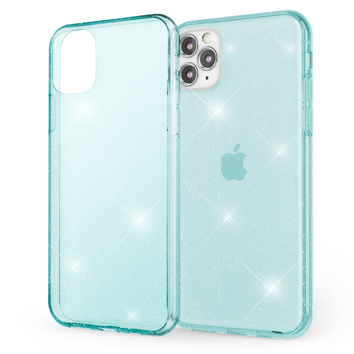 Funda transparente con purpurina. Teléfono visible con pantalla encendida, y más purpurina. Fondo blanco.