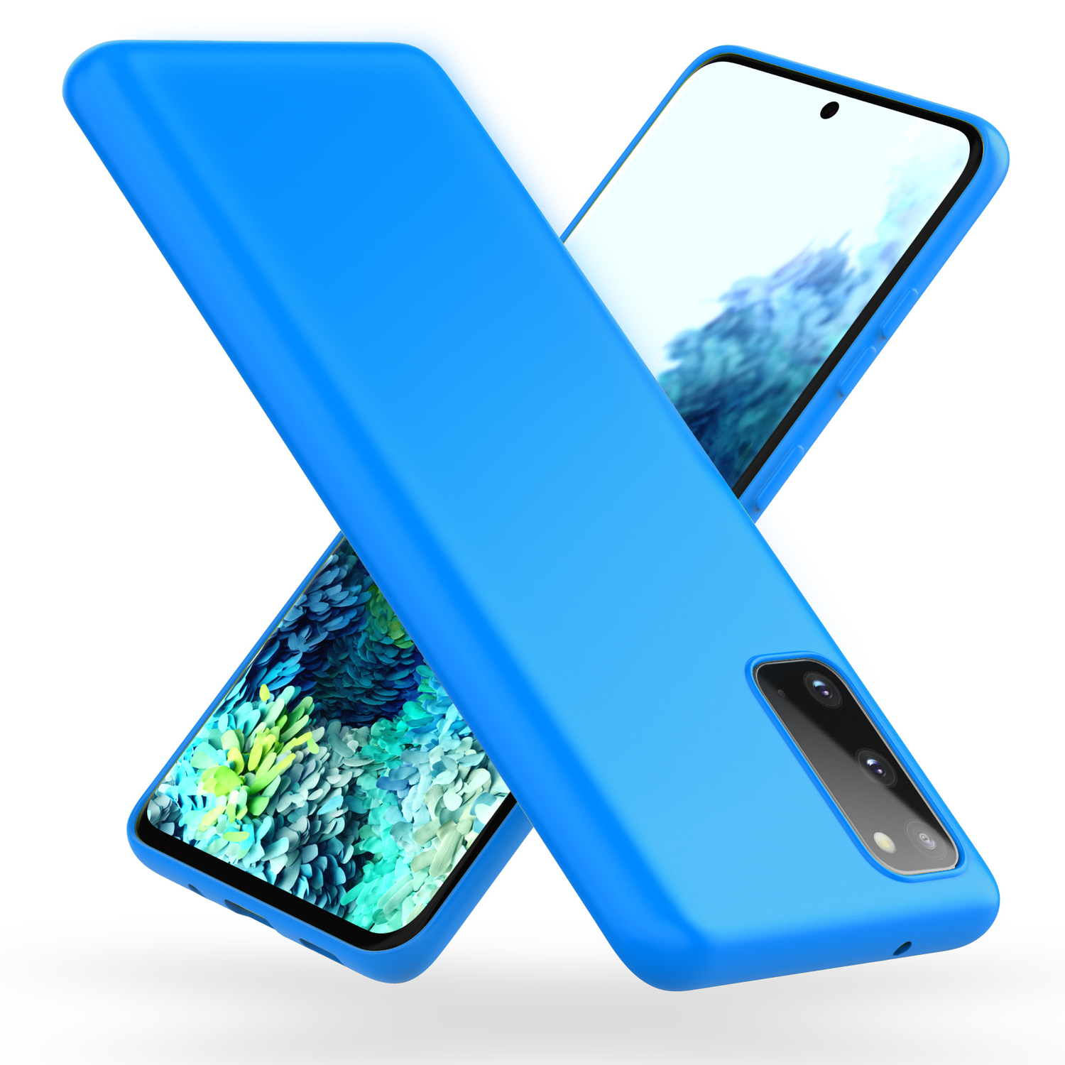 Zwei blaue Handyhüllen gekreuzt. Einer über dem anderen. Beide zeigen den Telefonbildschirm.