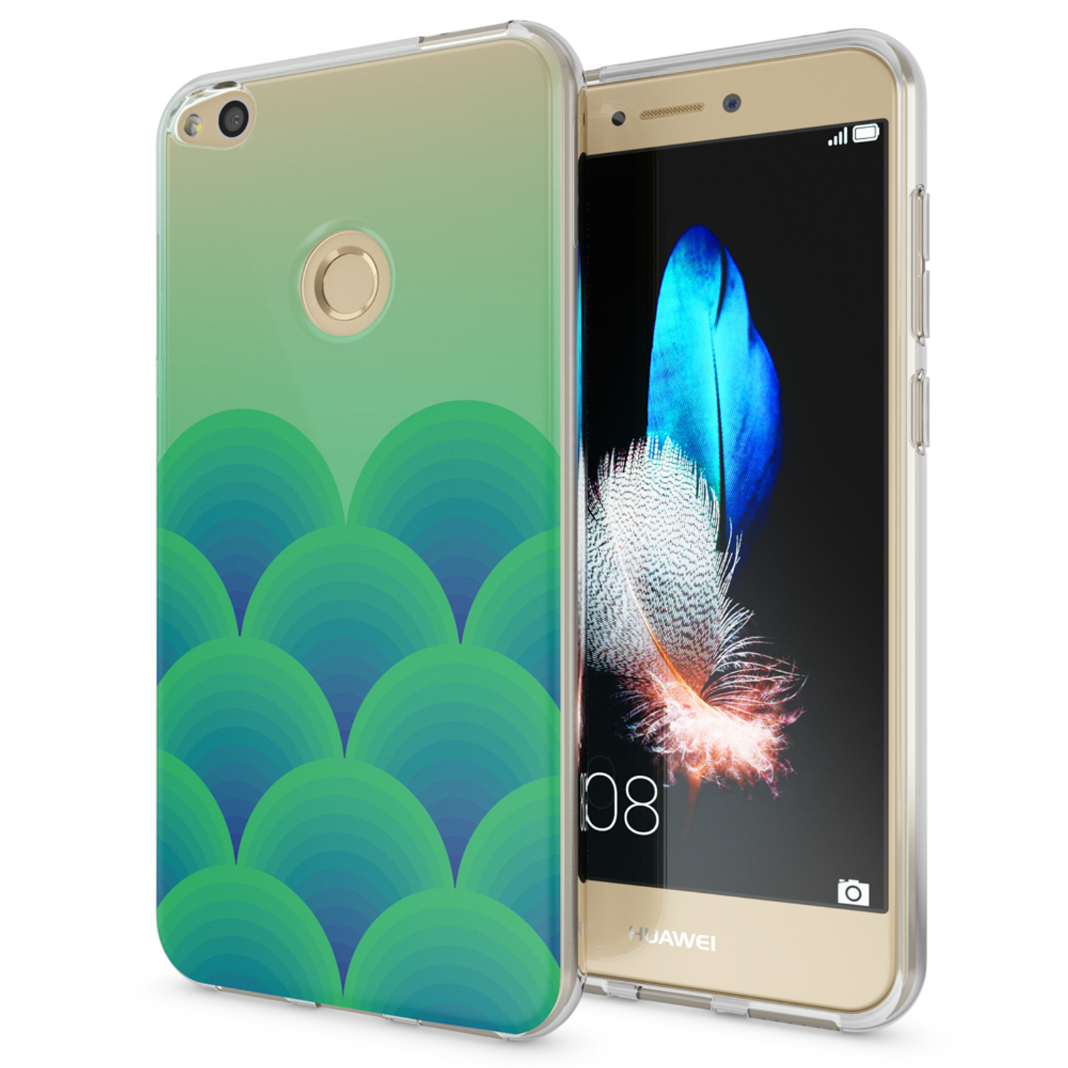 Grün-blaue Handyhülle mit Farbverlauf. Das Telefon ist goldfarben.