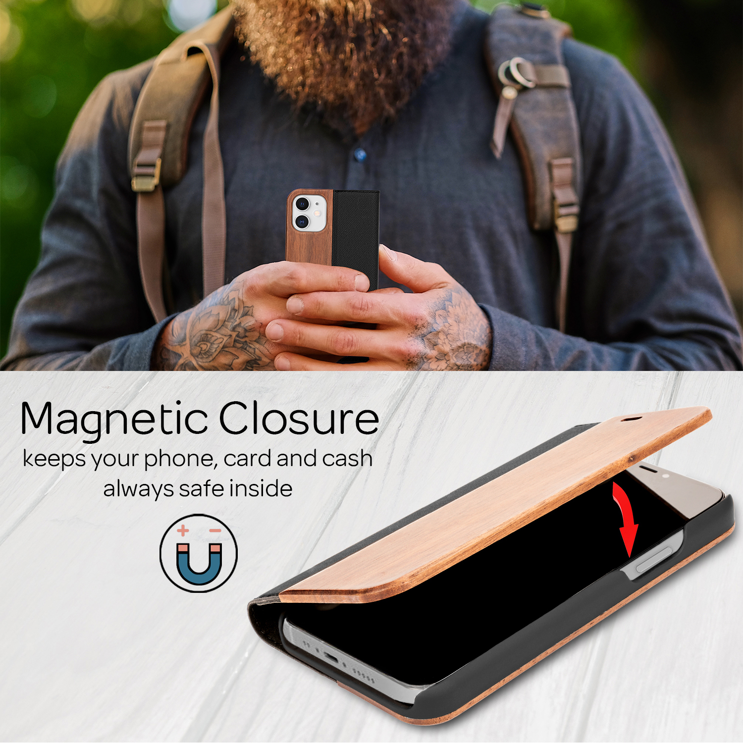 NALIA Echt Holz Cover, Klapphülle Flip Mini, iPhone Flip Magnetverschluss, mit Apple, Braun 12 Case