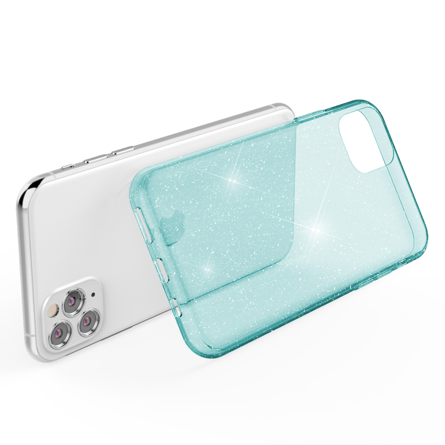 Funda de teléfono con purpurina. Funda transparente con purpurina con el teléfono dentro.