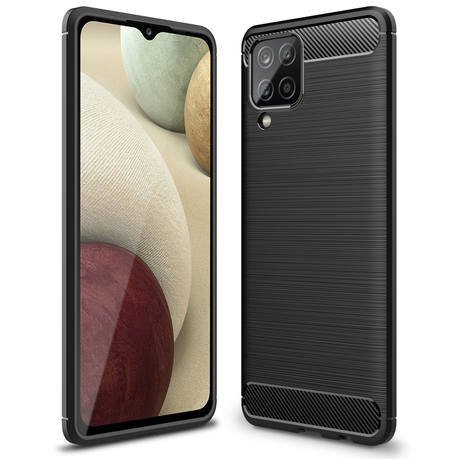 Schwarze Handyhülle mit strukturierter Oberfläche. Telefonbildschirm zeigt bunten Hintergrund.
