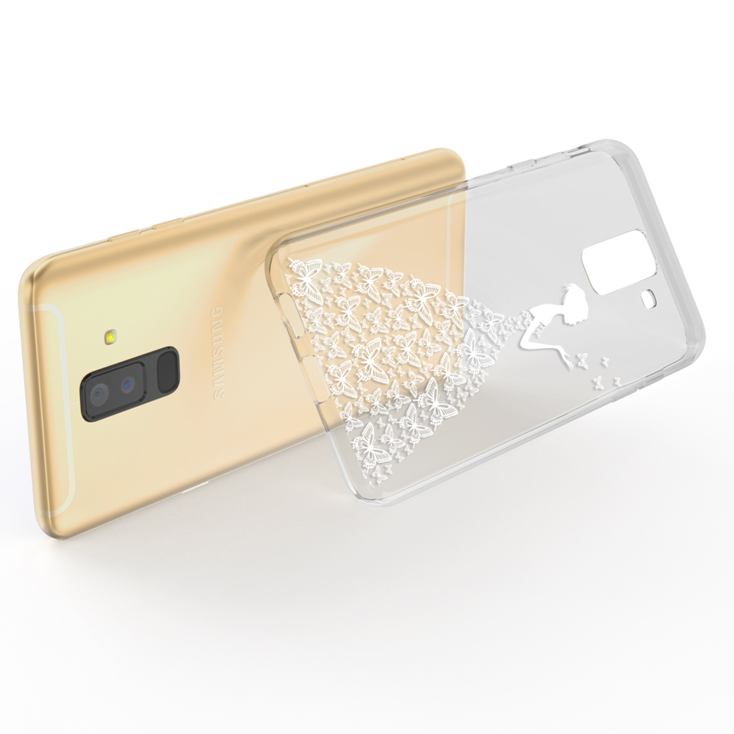Goldenes Telefon mit weißem Schmetterlingsdesign-Gehäuse. Telefon ist sichtbar, mit detailliertem Schmetterlingsdesign auf dem Gehäuse.