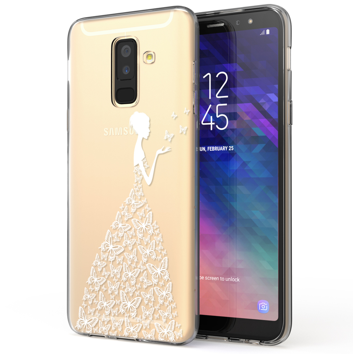 Handyhülle mit einer Frau in einem Kleid aus Schmetterlingen. Das Telefon ist sichtbar.