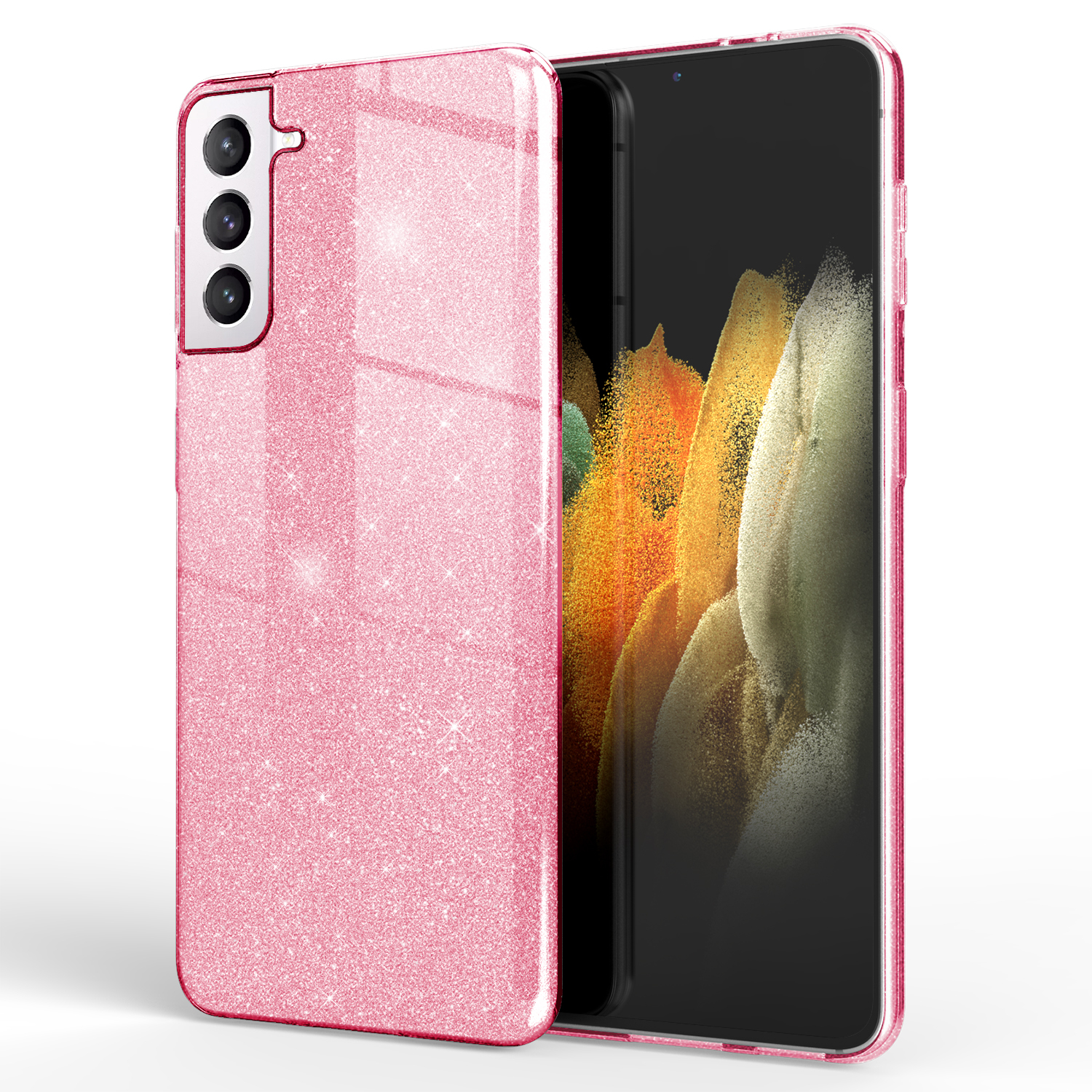 Rosa Glitzer-Handyhülle mit Telefon. Schwarzer Bildschirm. Weißer Hintergrund.