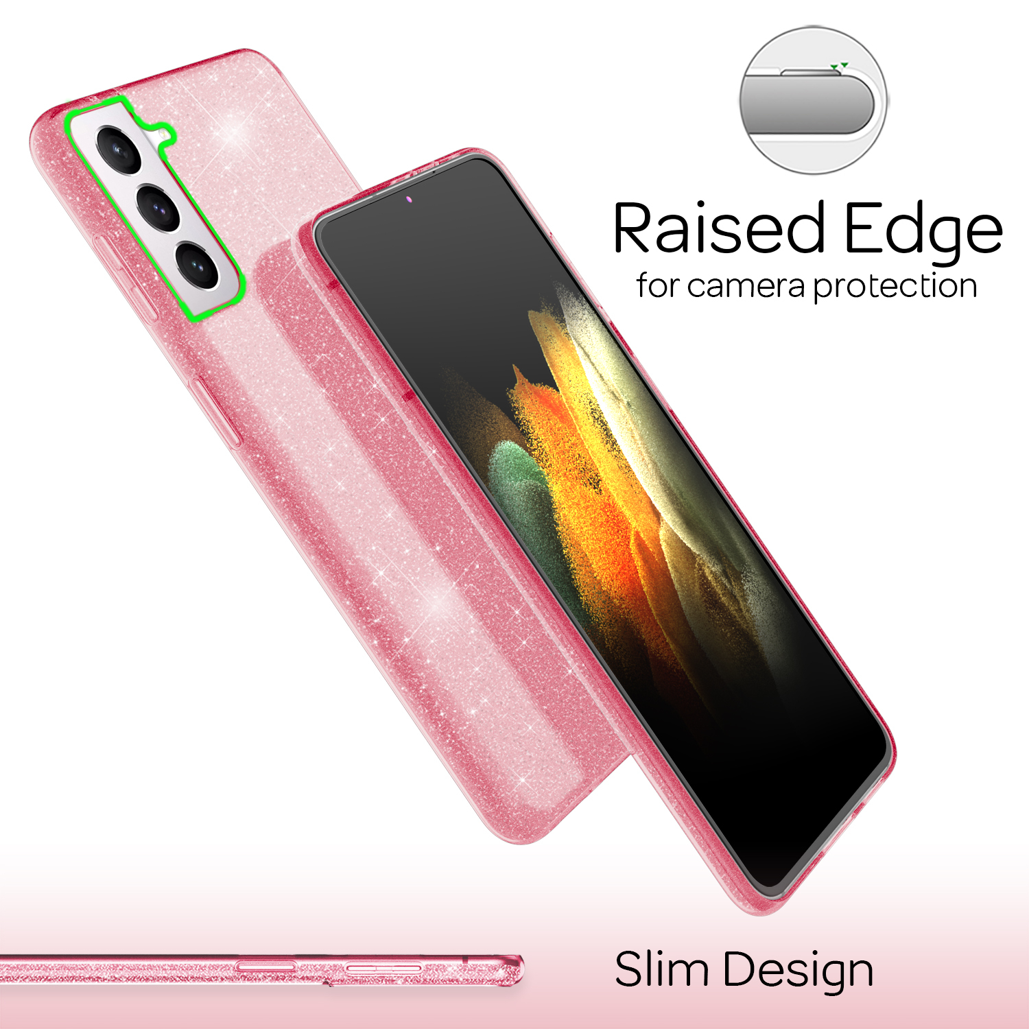 Rosa Handyhülle mit Glitzer, Telefon innen. Erhöhter Rand Text. Schlankes Design Text.