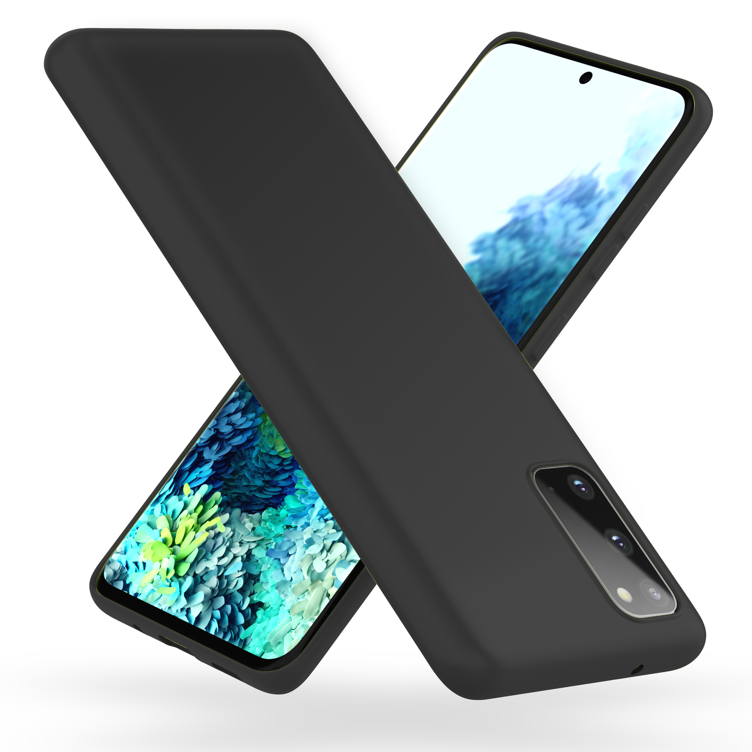 Zwei schwarze Handyhüllen, eine bedeckt die andere, zeigt einen Telefonbildschirm.