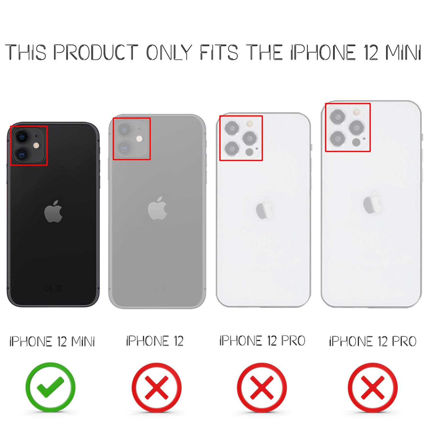 Vier iPhones. Nur das iPhone 12 mini ist mit dem Produkt kompatibel.