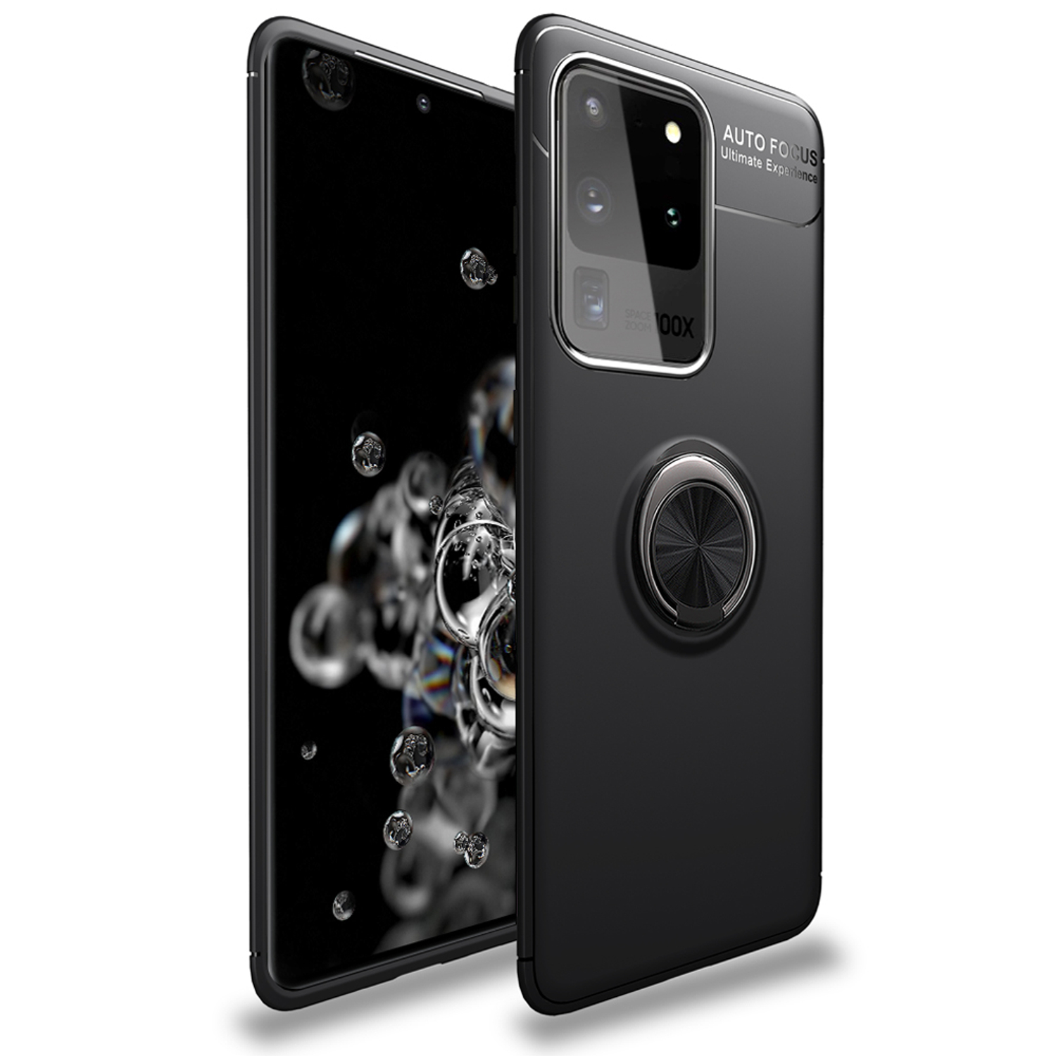 Schwarzes Telefon mit schwarzer Hülle und silbernem Ringhalter. Der Bildschirm ist eingeschaltet und wird angezeigt.