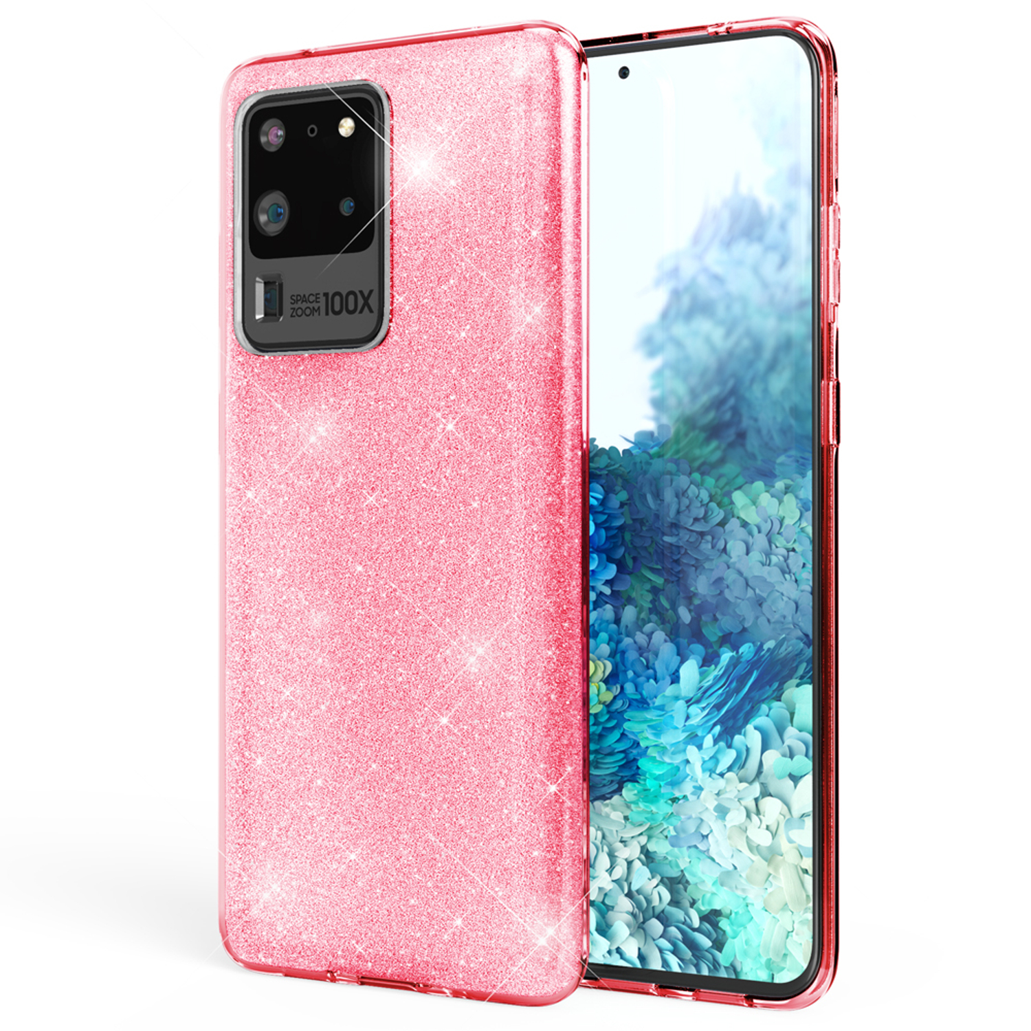 Rosa Glitzer-Handyhülle mit einem Telefon darin. Das Telefon hat einen blau-weißen Hintergrund.