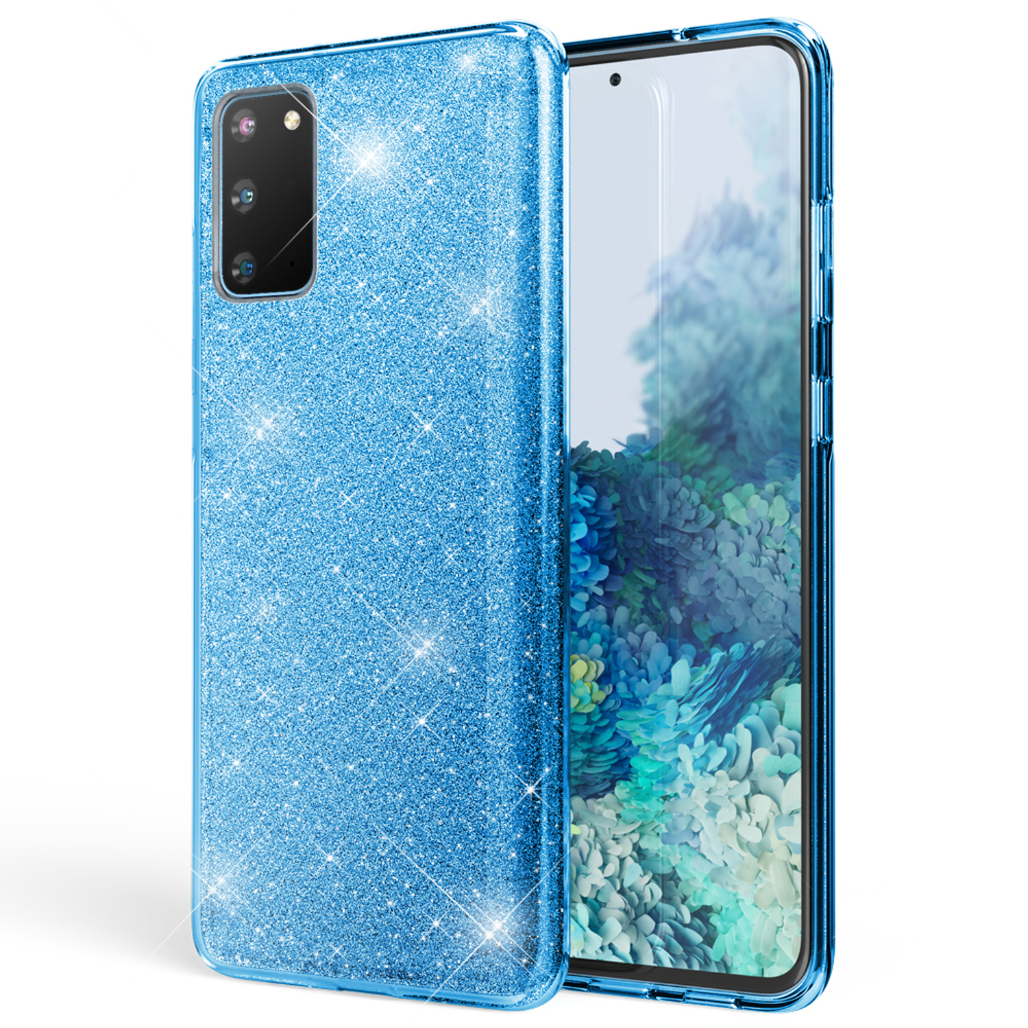 Eine blaue Glitzer-Handyhülle mit einem Telefon darin. Die Hülle funkelt. Das Telefon ist blau.