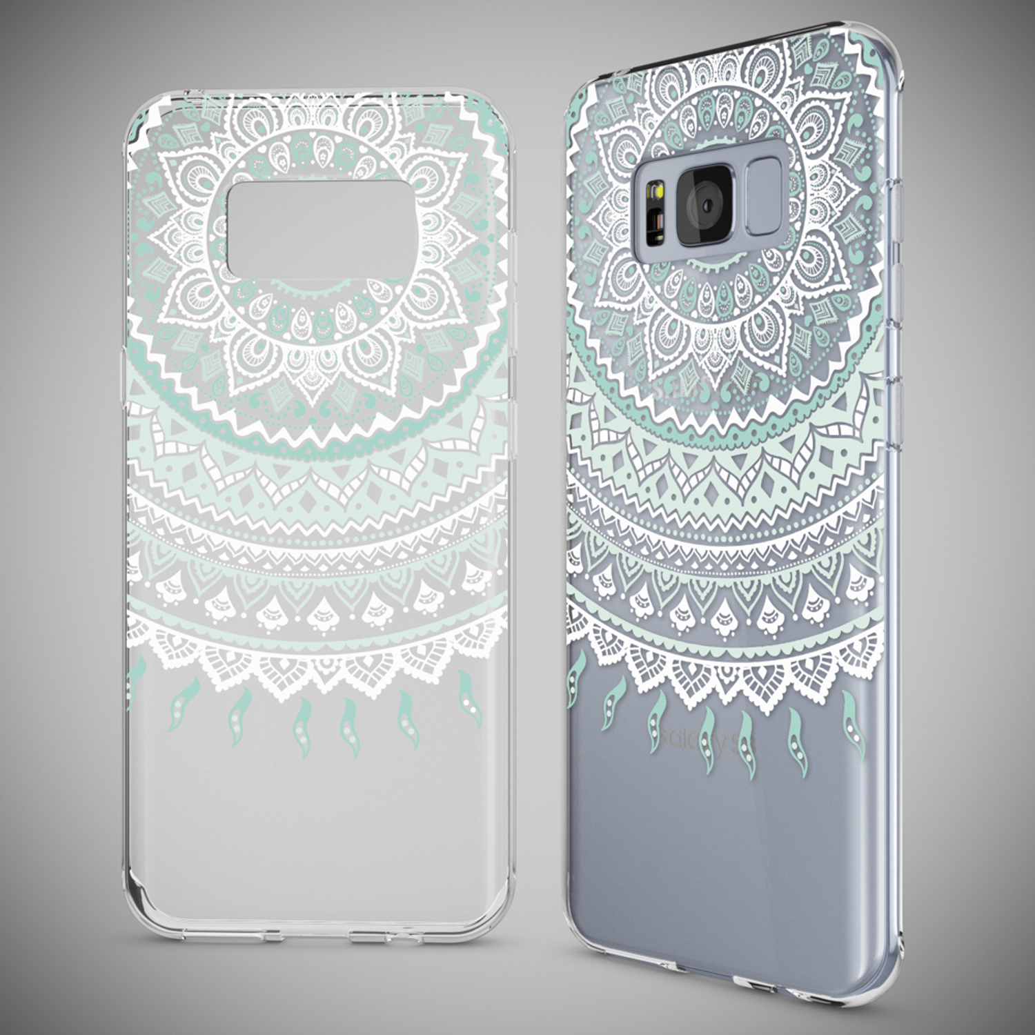 Dos fundas transparentes para teléfono con diseño de mandala, una en el teléfono, otra vacía.